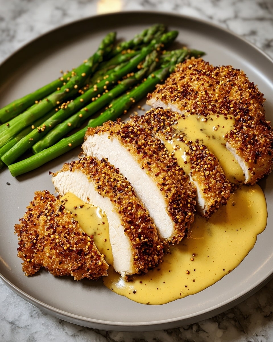 A white plate holds a sliced, crispy golden brown chicken breast arranged in a slight curve on the right side, topped with a creamy yellow mustard sauce dotted with brown seeds, part of which pools beside the chicken. To the left of the chicken are bright green roasted asparagus spears with a slight char, lying parallel to the edge of the plate. The plate sits on a white marbled surface, creating a clean and simple background. photo taken with an iphone --ar 4:5 --v 7