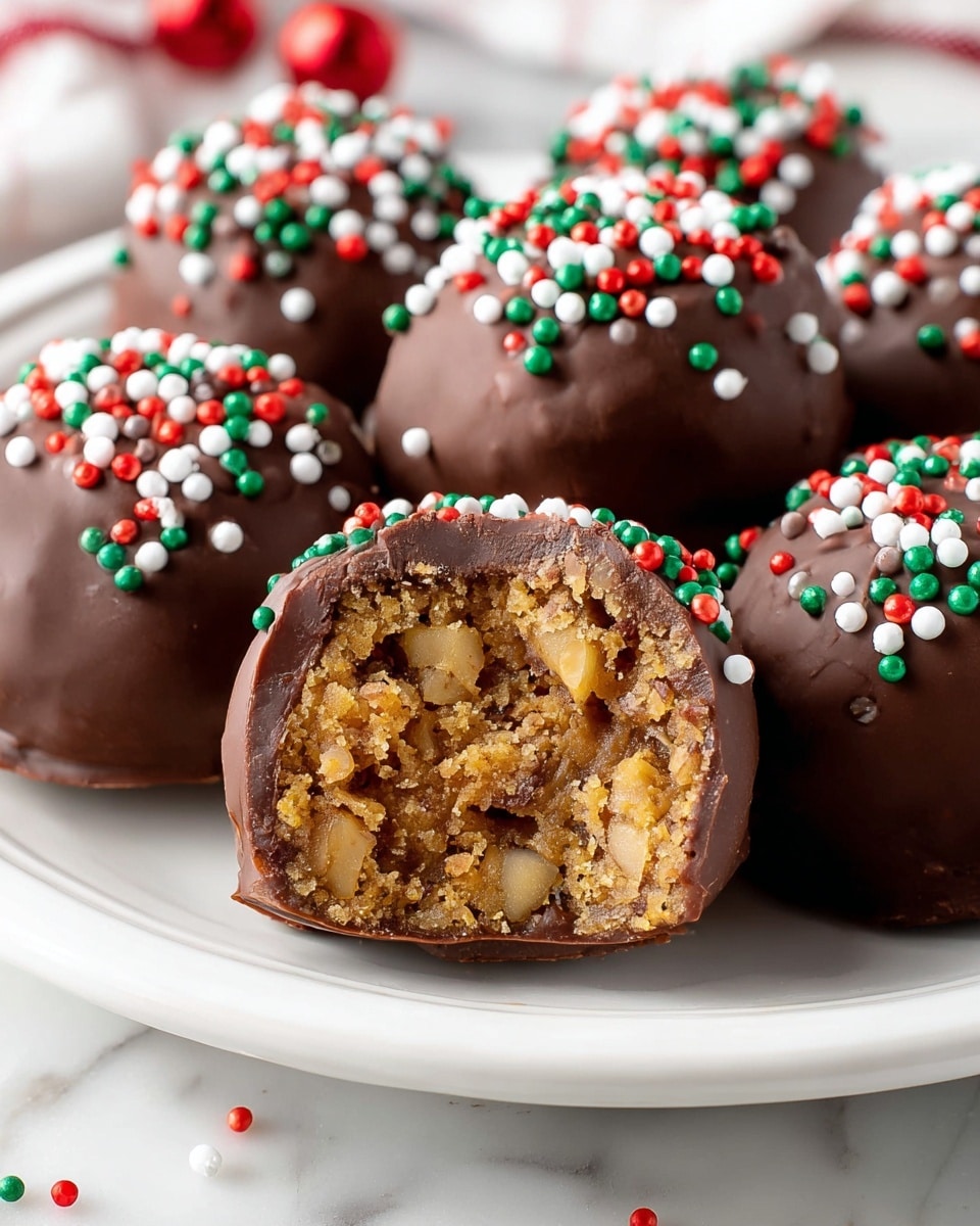 The image shows several round treats on a white plate, each coated in smooth dark brown chocolate with a shiny surface. The treats are decorated on top with small, round sprinkles in red, green, and white colors. One treat in the front is cut in half, revealing a textured inside made of light brown crumbly mixture with small white nut pieces scattered throughout. The plate sits on a white marbled surface with a few more colorful sprinkles around. Photo taken with an iphone --ar 4:5 --v 7