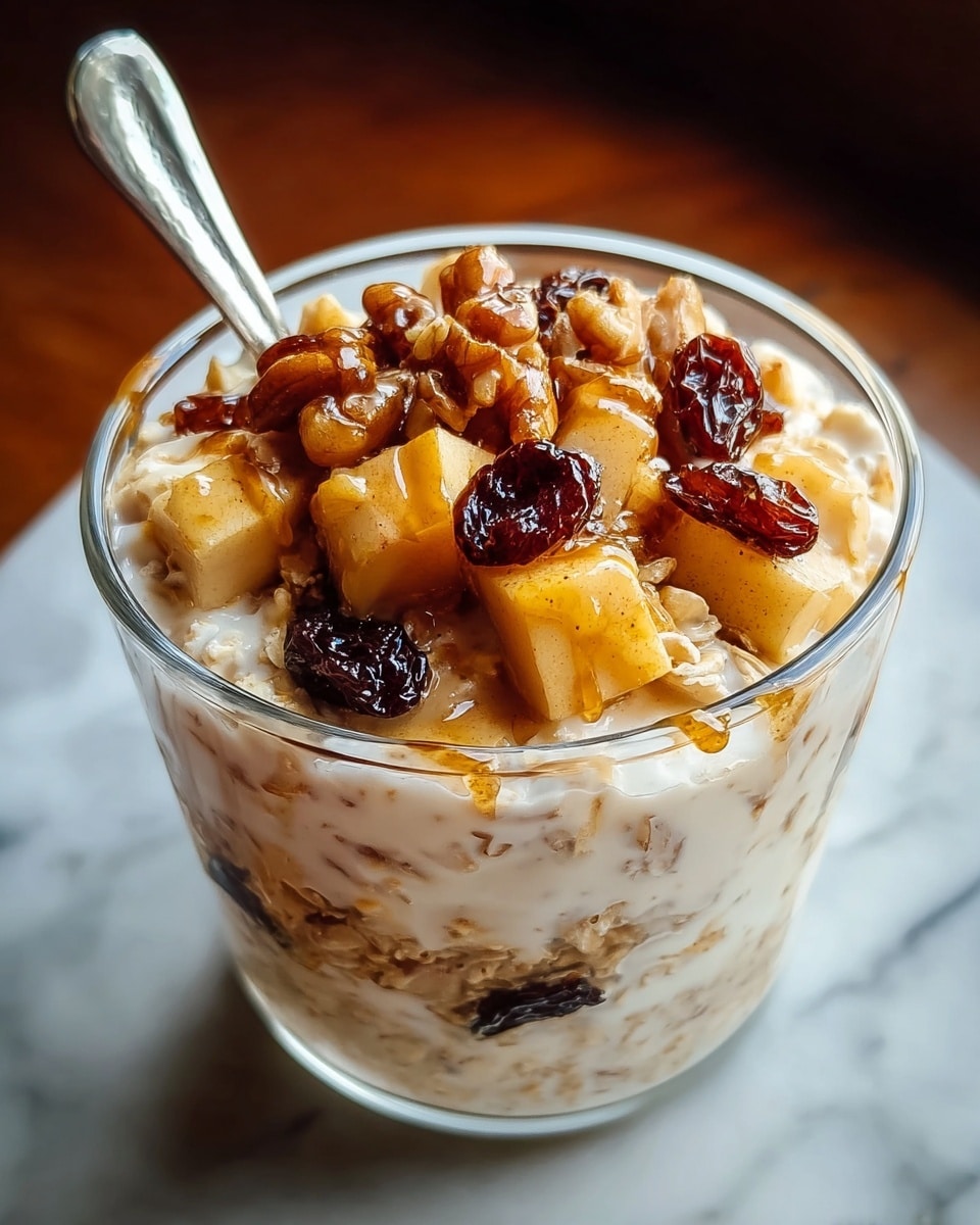 A clear round glass jar filled with a creamy oatmeal mix containing visible raisins, topped with a layer of chopped golden brown nuts and dark raisins, and glistening pieces of caramelized apple chunks in syrup. The oatmeal layers show soft beige oats soaked in milk with a slightly textured look. The jar sits on a white marbled surface that contrasts with the warm colors of the toppings, giving a cozy and wholesome feel. photo taken with an iphone --ar 4:5 --v 7