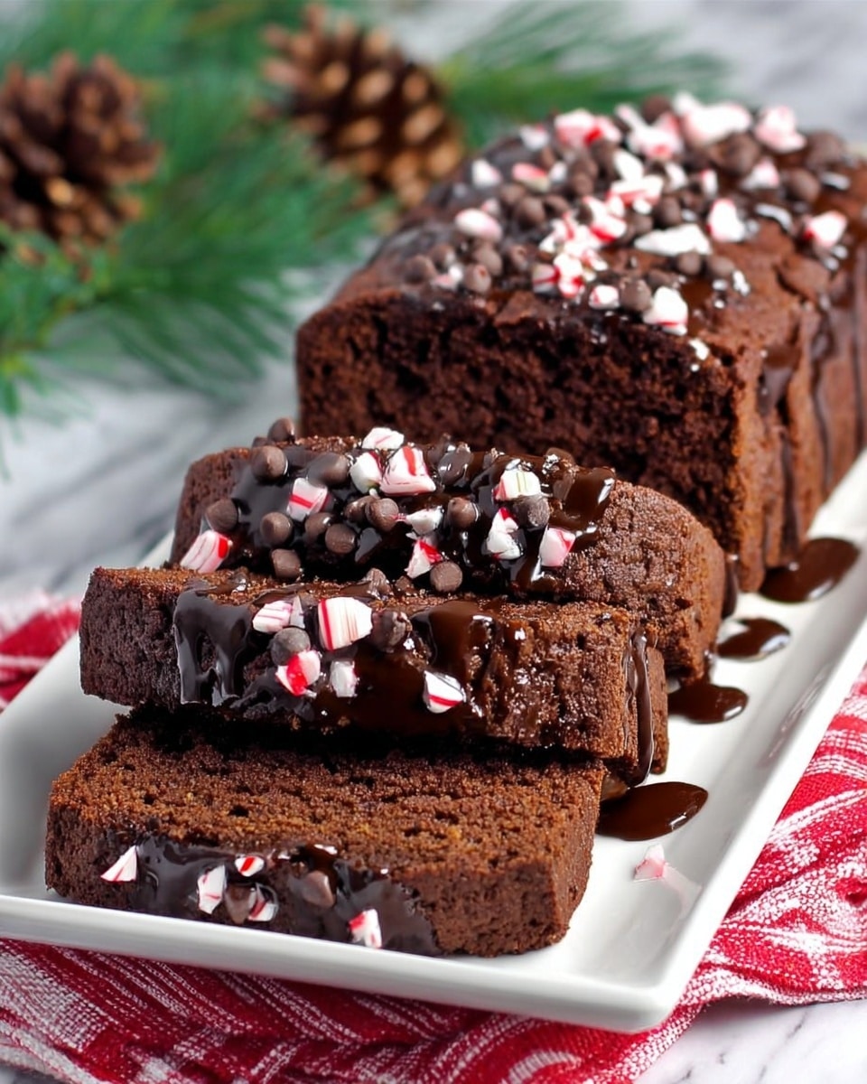 A sliced chocolate loaf cake is arranged on a white rectangular plate, each slice showing a dense, dark brown texture with visible chocolate chips inside. The top of the cake is decorated with a drizzle of glossy dark chocolate sauce and sprinkled with small white and pink candy pieces, adding a touch of color and crunch. The plate rests on a red and white striped cloth, with green pine branches and pinecones blurred in the white marbled textured background. Photo taken with an iphone --ar 4:5 --v 7