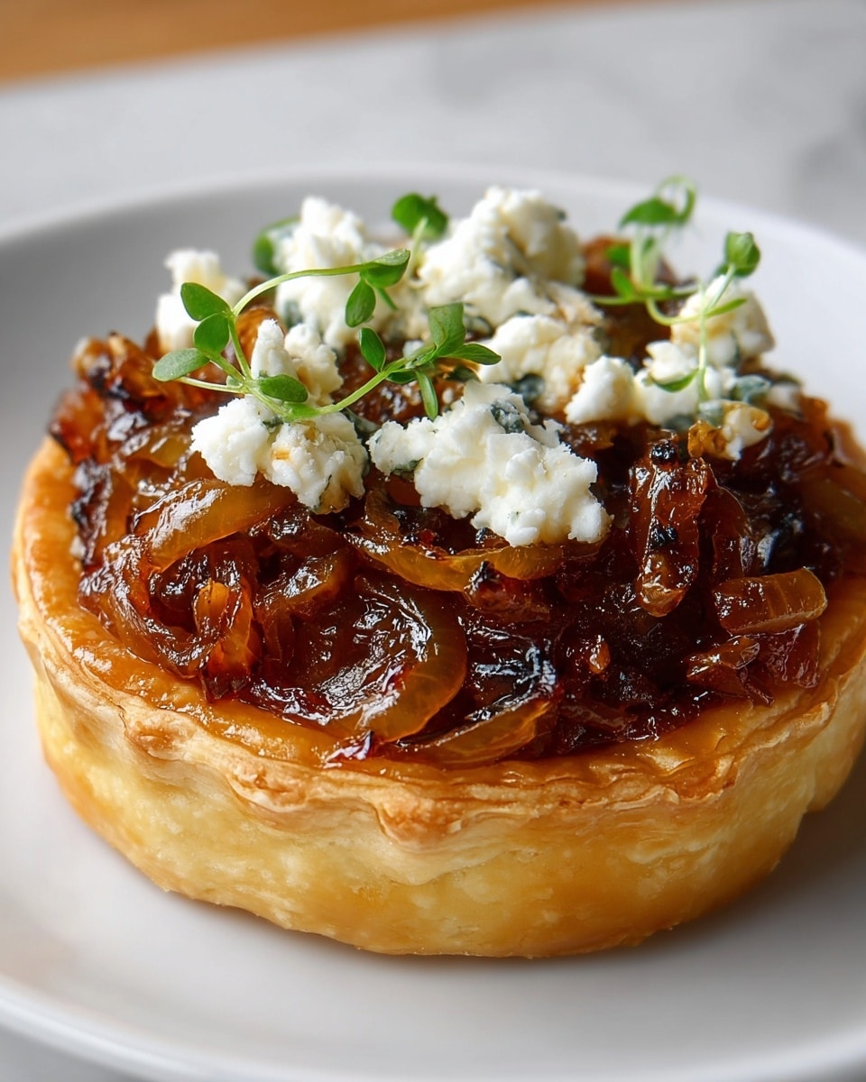 A round tart with a golden, flaky crust forms the base, showing multiple thin layers of baked pastry. On top, there is a thick layer of dark caramelized onions that look soft and glossy, with slightly curled edges. Scattered over the onions are small dollops of creamy white cheese with a crumble texture and tiny green herb flecks. A few fresh thyme sprigs with small green leaves are placed on top, adding a fresh touch. The tart sits on a white plate against a white marbled surface. photo taken with an iphone --ar 4:5 --v 7