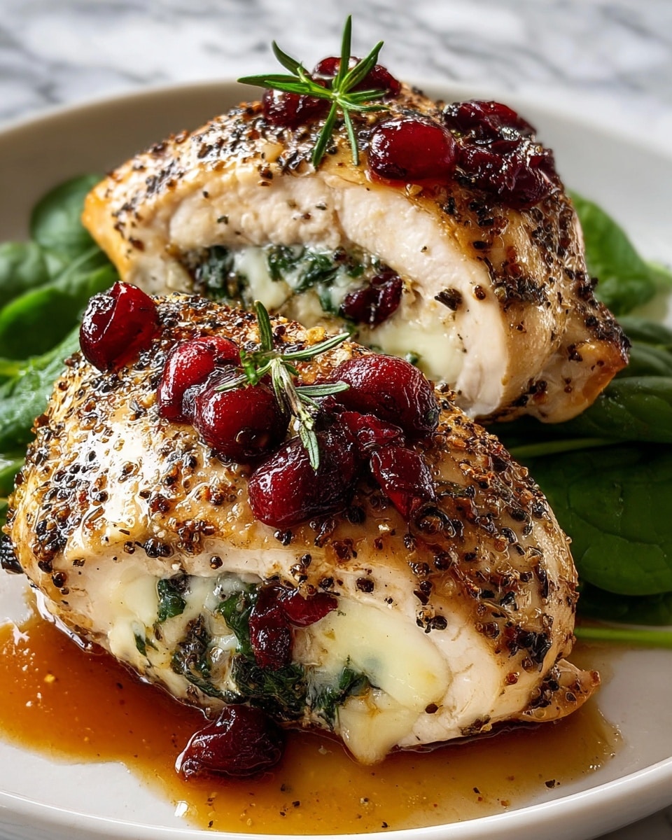 Two pieces of herb-crusted stuffed chicken breasts sit on a white plate with fresh green spinach leaves underneath. Each chicken breast has a golden brown, slightly crispy outer layer speckled with black pepper and herbs. Inside, there are two visible layers: a creamy white melted cheese layer and a dark green spinach layer beneath it. The chicken is topped with glossy red cranberries and small sprigs of fresh green rosemary. There is a thin layer of shiny amber sauce around the chicken, adding a moist texture. The background is a white marbled texture. Photo taken with an iphone --ar 4:5 --v 7