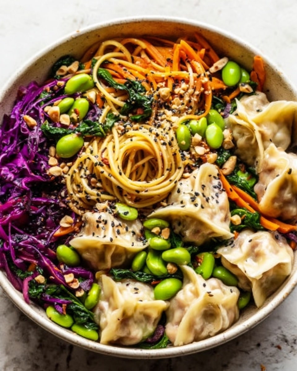 The image shows a white bowl filled with a colorful noodle dish. In the center, there is a nest of light yellow noodles mixed with green leafy vegetables and orange carrot strips, topped with sesame seeds. Around the noodles, there are light brown dumplings placed on one side, bright green edamame beans scattered throughout, and vibrant purple cabbage adding a splash of color. To one side, there is a green snap pea pod resting on the noodles and vegetables. All this sits on a white marbled surface. The photo taken with an iphone --ar 4:5 --v 7
