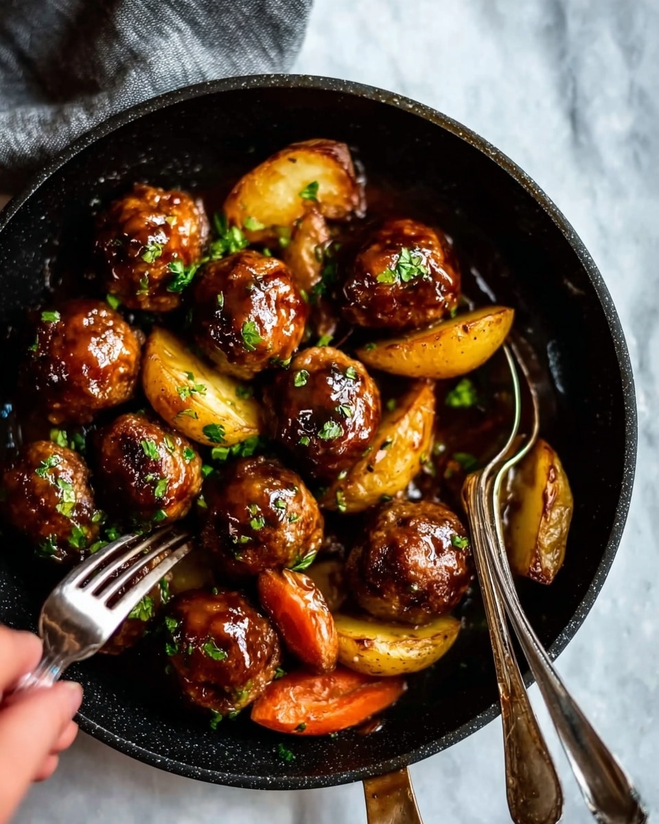 The image shows a black pan filled with several round meatballs covered in shiny brown sauce, sprinkled with chopped green herbs. Around the meatballs, there are thick slices of cooked carrots and golden-brown potato wedges with a slight crisp on the edges. The pan sits on a white marbled surface, and next to it, there is a silver fork with a woman's hand holding it gently. The food looks warm and glossy, with rich colors from the sauce and vegetables. Photo taken with an iphone --ar 4:5 --v 7