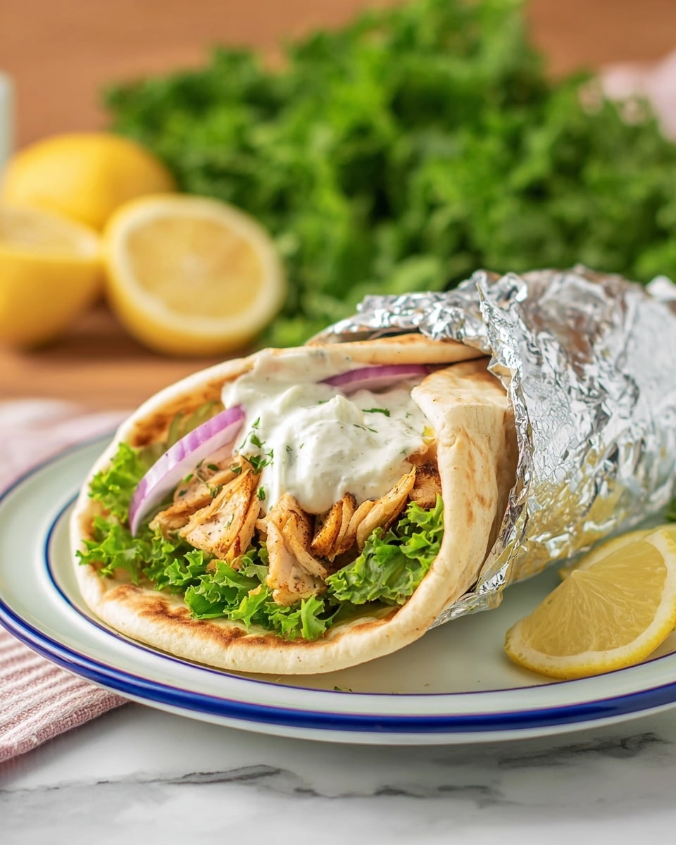 A close-up view of a wrapped gyro sandwich resting on a white plate with a blue rim, placed on a white marbled surface with a green patterned cloth under it. The gyro has four visible layers: a light tan pita bread folded around the fillings, fresh green leafy lettuce at the bottom, thin slices of purple onion just above the lettuce, and golden-brown seasoned grilled chicken pieces topped with a thick white creamy sauce with small dark specks. The sandwich is partially wrapped in crinkled shiny aluminum foil on the back side. In the background, out of focus, there is some green leafy lettuce and lemon slices. photo taken with an iphone --ar 4:5 --v 7
