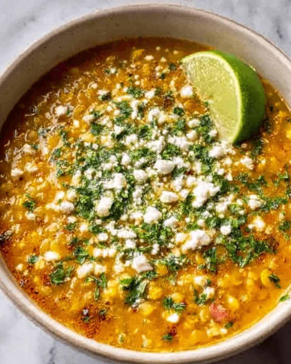 A white bowl filled with a vibrant soup that has several layers visible: the base is a rich, orange broth mixed with small corn kernels and bits of herbs, topped with white crumbled cheese and chopped green cilantro, garnished with a slice of lime resting on the edge of the bowl. The soup looks thick and hearty with a mix of smooth and grainy textures, all placed on a white marbled surface. Photo taken with an iphone --ar 4:5 --v 7