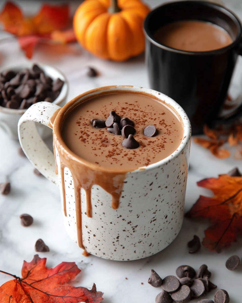A white speckled mug filled with light brown hot chocolate topped with a small pile of dark chocolate chips in the center, with some hot chocolate dripping down the sides of the mug. The mug sits on a white marbled surface scattered with more dark chocolate chips and cocoa powder. Behind it, slightly out of focus, is a black mug also filled with light brown hot chocolate and a small orange pumpkin and red autumn leaves adding color to the scene. Photo taken with an iphone --ar 4:5 --v 7