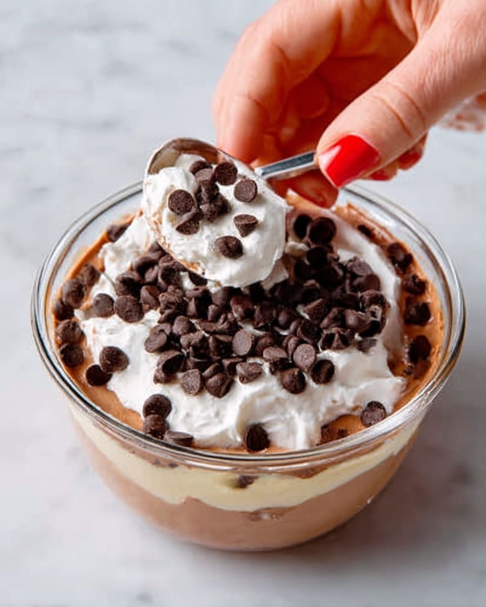 The image shows a close-up top view of a small glass bowl with three layers. The bottom layer is a smooth, light brown pudding. On top of it is a thick, white, creamy layer, spread evenly. The top layer is decorated with many dark chocolate chips scattered all over, some slightly melting into the cream. A woman's hand holding a golden spoon is about to scoop from the bowl. The background is a white marbled surface. Photo taken with an iphone --ar 4:5 --v 7