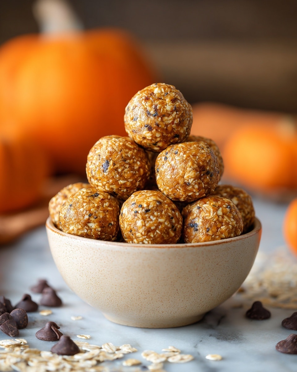 A beige bowl filled with a pyramid of 11 round energy bites, each with a rough texture showing bits of oats and a light golden-brown color. The bowl sits on a white marbled surface scattered with a few dark chocolate chips and oat flakes. In the background, blurred orange pumpkins add a warm, autumn feel to the scene. Photo taken with an iphone --ar 4:5 --v 7
