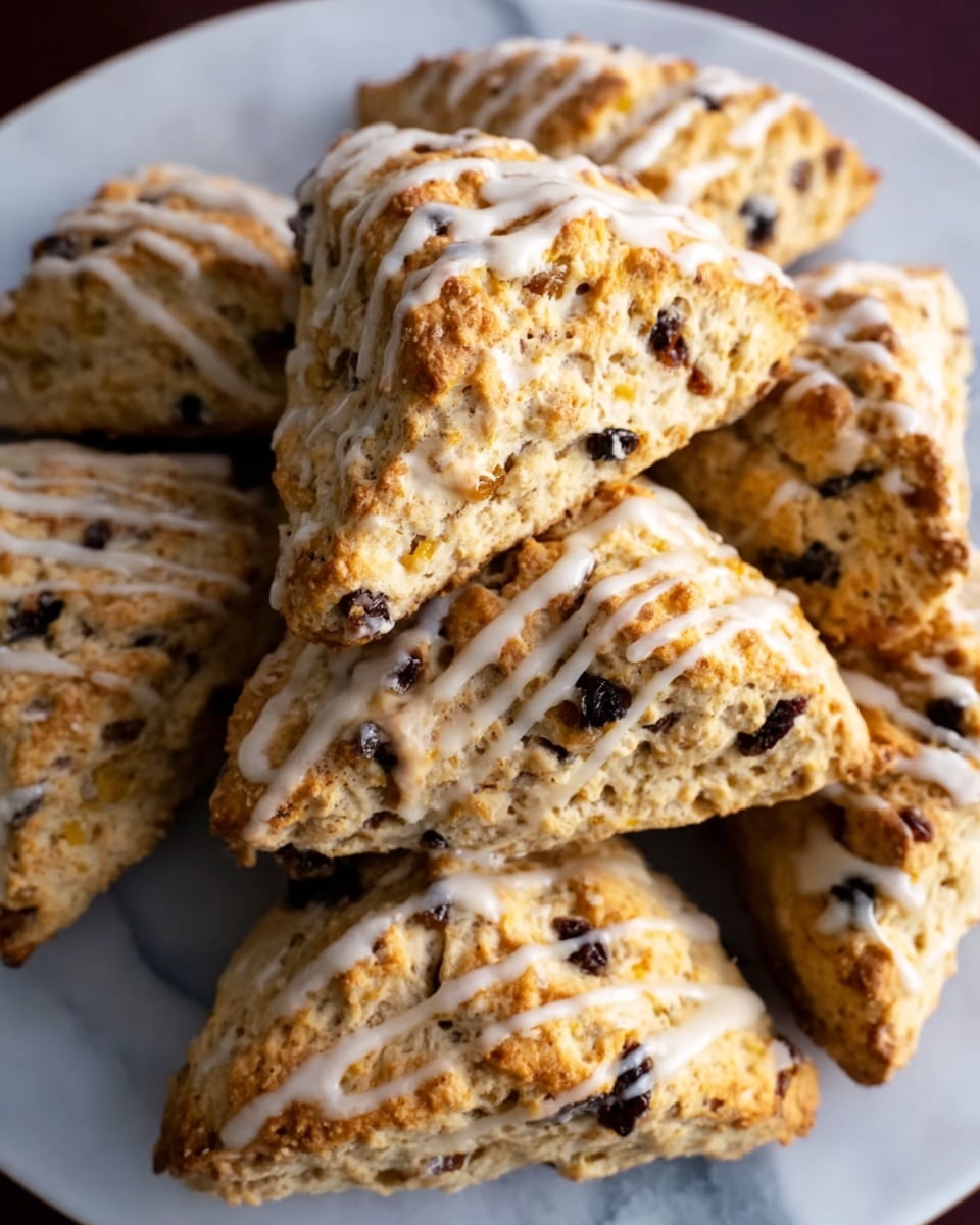 The image shows a close-up of several triangular scones stacked on a white plate. Each scone has a golden-brown color with visible dark raisins or currants inside. The scones are drizzled with a light cream-colored icing in thin, uneven lines across the top. Crumbs are scattered around the edges, adding a slightly rough texture to their surface. The background features a white marbled texture. Photo taken with an iphone --ar 4:5 --v 7