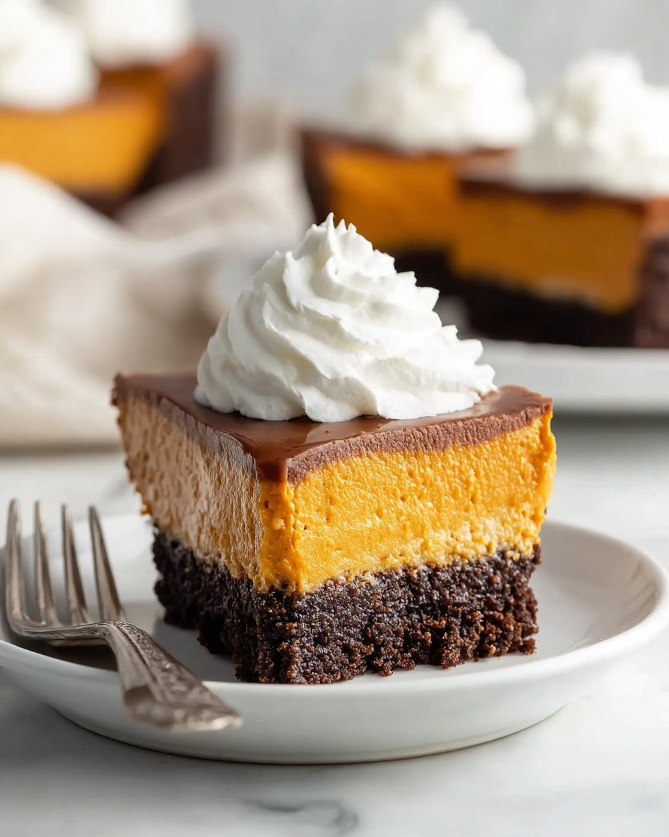 A close-up of a slice of pie on a white plate placed on a white marbled surface shows two layers: a thick, smooth, orange filling on top and a dark, crumbly chocolate crust below. A dollop of fluffy white whipped cream sits on the center of the orange layer. To the right of the plate, there is a silver fork resting on the plate. In the blurred background, more slices of the same pie are visible on white plates. Photo taken with an iphone --ar 4:5 --v 7