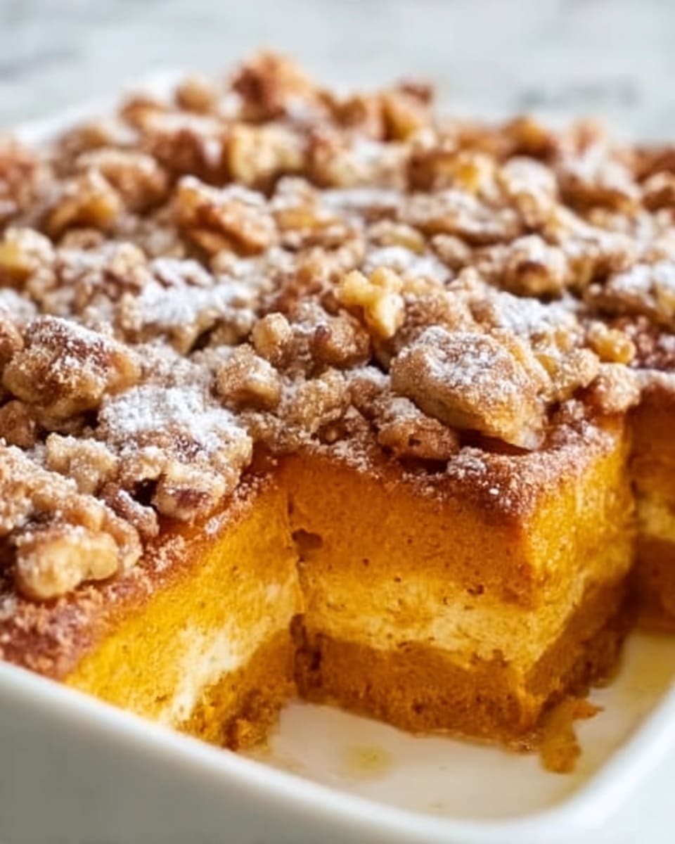 The image shows a close-up of a square baked dessert in a white baking dish. The dessert has a golden brown top layer with visible chunks of nuts, likely walnuts, scattered unevenly across the surface. The texture of the top layer looks crisp and slightly cracked. Below the top is a thick, soft layer of bright orange filling, smooth and dense, slightly moist inside but firm enough to hold shape. The sides reveal this two-layer structure clearly, with the orange layer contrasting strongly against the golden-brown crust on top. The background is a white marbled texture. Photo taken with an iphone --ar 4:5 --v 7
