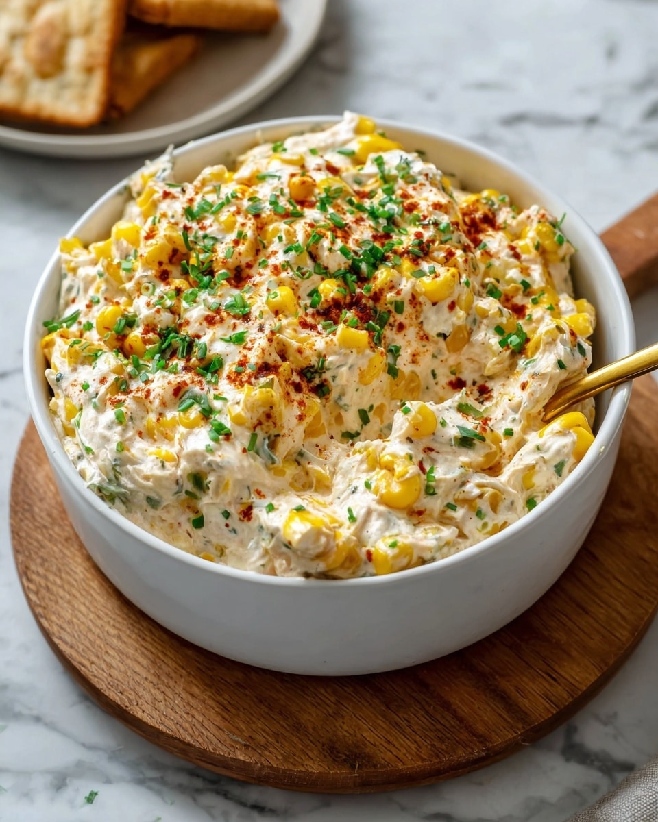 A white bowl filled with a creamy, chunky dip that has visible pieces of yellow corn and green chopped herbs mixed throughout. The top is sprinkled with red spices and extra chopped green herbs, creating a colorful, textured surface. A gold spoon is partially dipped into the dip on the right side of the bowl. The bowl sits on a wooden board over a white marbled surface. photo taken with an iphone --ar 4:5 --v 7