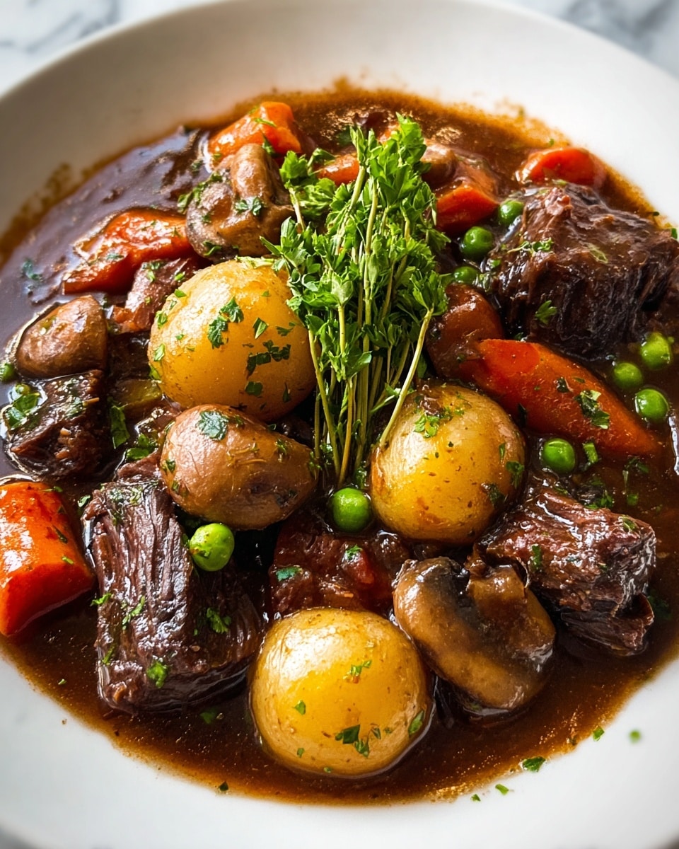 This image shows a bowl of beef stew served in a white bowl against a white marbled surface. The dish has large chunks of dark brown braised beef scattered on the bottom and middle layers, interspersed with whole baby potatoes that are golden yellow and small mushrooms with smooth, light brown caps. There are also bright orange carrot pieces and small green peas mixed throughout. The stew has a rich, dark brown sauce that nearly fills the bowl and coats every ingredient. On top, there is a small bunch of fresh green herbs standing upright in the center, adding contrast and color to the dish. Small bits of chopped green parsley are sprinkled around the surface, giving a fresh touch to the hearty meal. photo taken with an iphone --ar 4:5 --v 7
