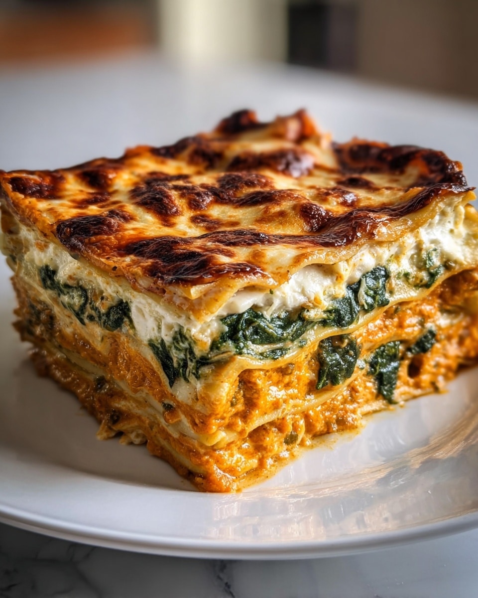 A thick square piece of lasagna on a white plate, showing five visible layers with slightly uneven edges; the bottom layer is a creamy orange sauce with a smooth texture, followed by a layer of white cheese with a soft texture, then a green spinach layer with leafy texture; above that is another orange sauce layer, and the top is a golden-brown melted cheese layer with some darker browned spots and a slightly crispy texture. The white marbled surface is softly blurred in the background. Photo taken with an iphone --ar 4:5 --v 7