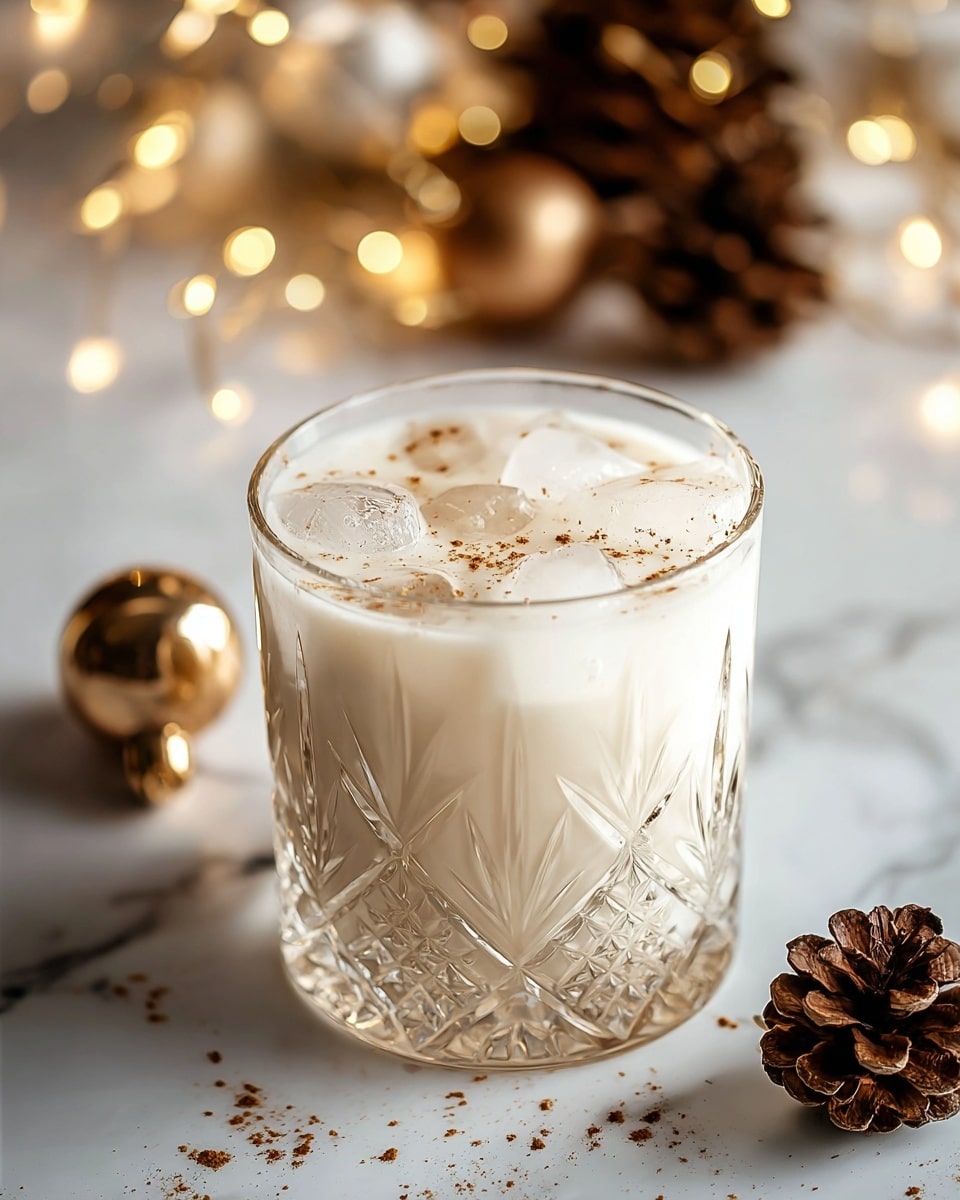 A clear glass with cut patterns contains a creamy white drink filled to the top, with five visible ice cubes floating in it. The drink's surface is lightly dusted with brown spice powder. The glass sits on a white marbled surface scattered with small pieces of spice. In the blurred background, warm yellow fairy lights create a cozy glow, with a large brown pine cone and two shiny bronze Christmas balls nearby, enhancing the festive mood. photo taken with an iphone --ar 4:5 --v 7