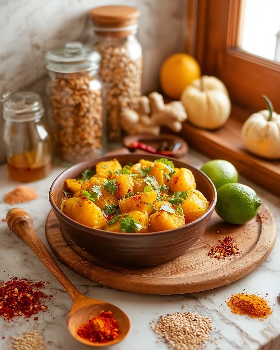 A close-up of a brown bowl filled with a warm dish of yellow-orange cooked potatoes garnished with fresh green cilantro leaves, sitting on a round wooden board. The board has scattered spices in small piles around the bowl, including red chili flakes, orange turmeric powder, white coriander seeds, and another red spice. A wooden spoon rests on the board next to a halved green lime. The background shows a soft warm kitchen setting with glass jars filled with grains, cut lemons, small pumpkins, and a honey jar on a wooden table, all placed on a white marbled surface. photo taken with an iphone --ar 4:5 --v 7