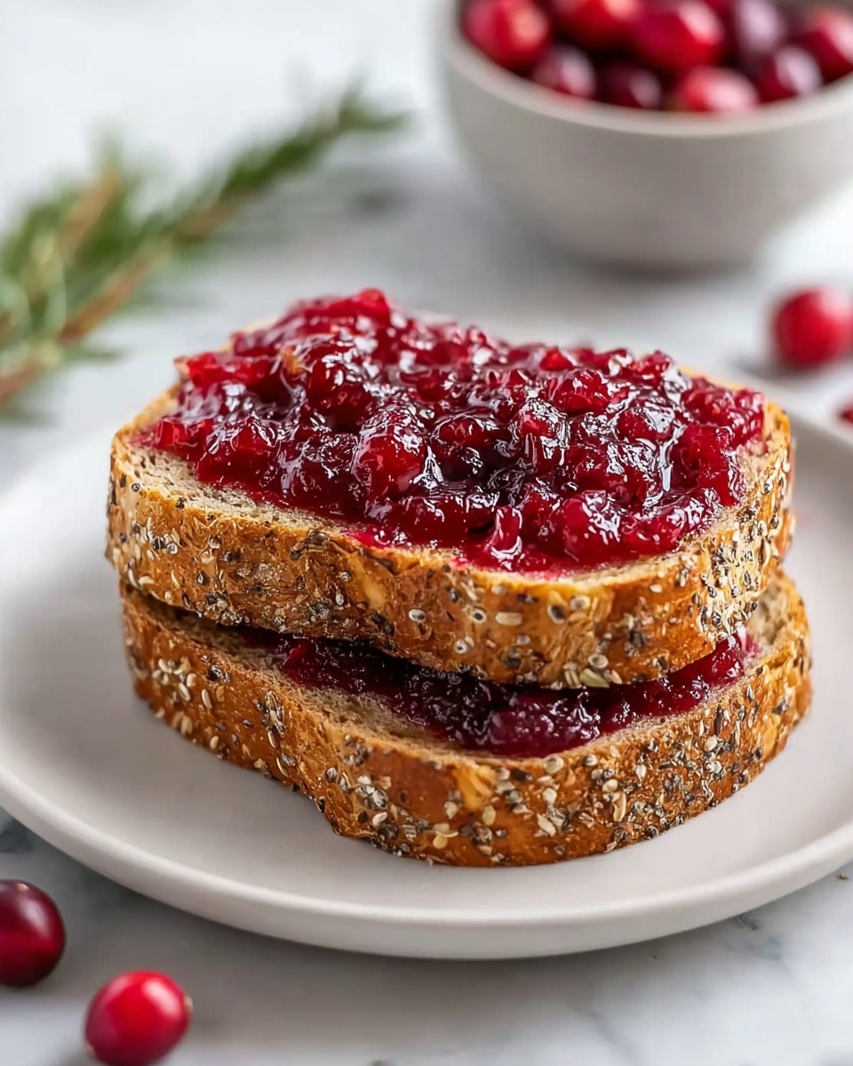 Two slices of toasted multigrain bread sit stacked on a white plate with a thin gold rim. The top slice is covered in a thick, glossy layer of chunky deep red cranberry jam. Around the plate, whole fresh cranberries add a pop of color, and a sprig of rosemary is slightly blurred in the white marbled background. In the distance, a white bowl filled with more cranberries is visible. The scene is bright and clean, showing the textures of the bread crust and jam clearly. photo taken with an iphone --ar 4:5 --v 7