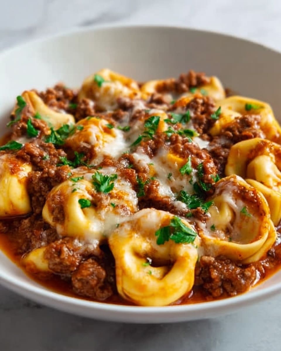 A white plate filled with a rich pasta dish featuring multiple layers of tortellini cooked in a thick, reddish-orange meat sauce. The tortellini are plump with a yellow, slightly shiny texture, and are mixed evenly with ground meat that is browned and crumbly. The top layer is sprinkled with fresh green parsley leaves that add a touch of color and freshness. The sauce looks smooth and slightly oily, covering parts of the pasta while pooling gently on the plate. The background is a white marbled surface. Photo taken with an iphone --ar 4:5 --v 7