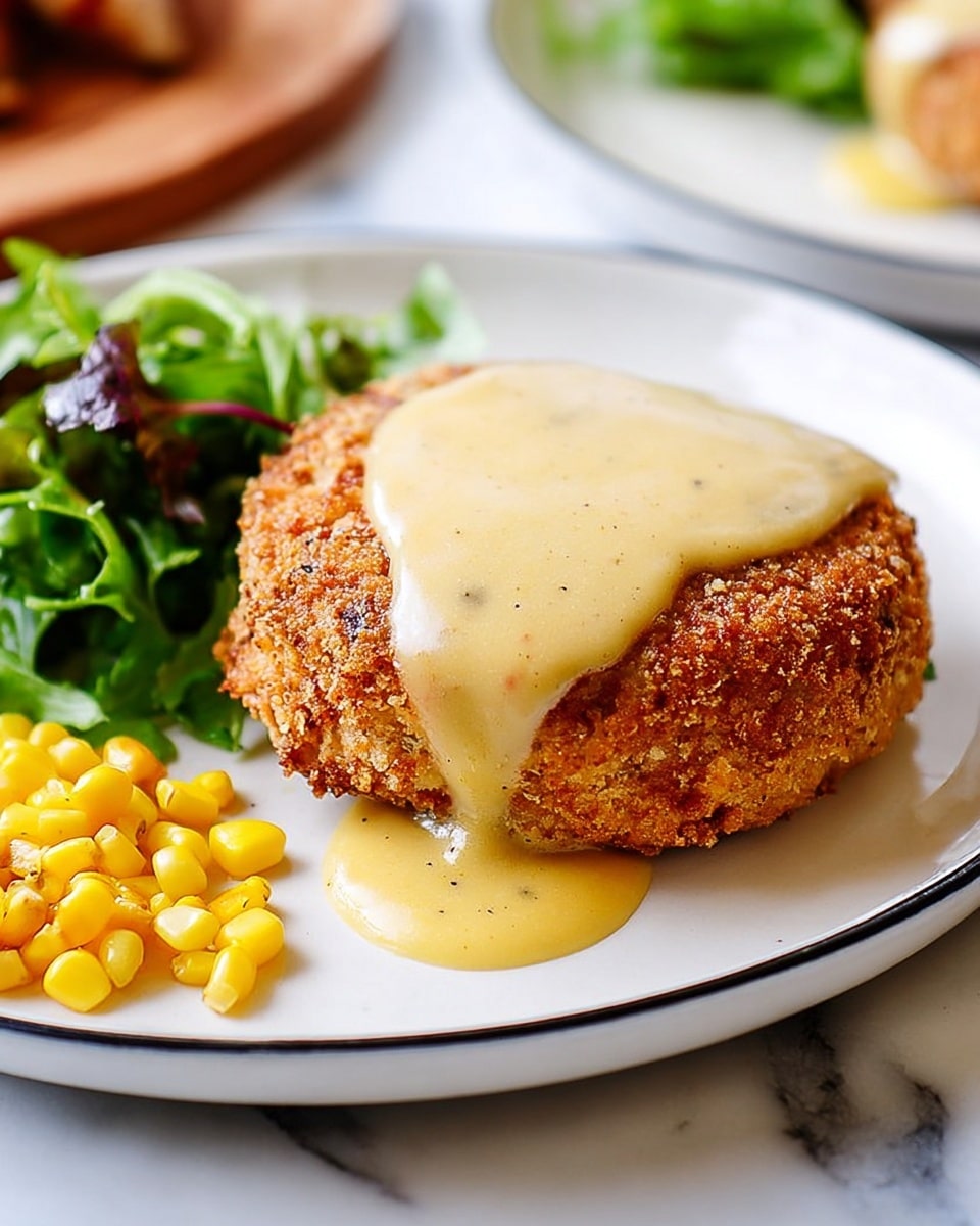 A close-up of a round, golden-brown breaded patty with a rough, crispy texture, covered generously with smooth, light yellow gravy that drips down its sides, resting on a white plate with a thin black rim. To the left of the patty, there is a small pile of bright yellow corn kernels and mixed green leafy salad with varied textures. The background is a white marbled surface, slightly blurred, and part of another white plate with food is visible in soft focus. Photo taken with an iphone --ar 4:5 --v 7