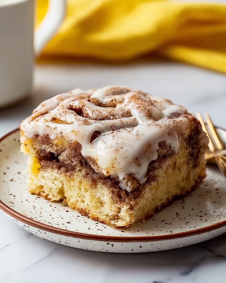 The image shows a close-up of a square piece of cinnamon roll cake on a white plate with brown speckled edges. The cake has three visible layers: the bottom and top layers are light beige and soft, while the middle layer is swirled with a darker cinnamon brown filling. The top is covered with a white glaze that is slightly melted, dribbling down the sides and sprinkled with cinnamon. The plate sits on a white marbled surface, with a yellow cloth and a white cup blurred in the background. photo taken with an iphone --ar 4:5 --v 7