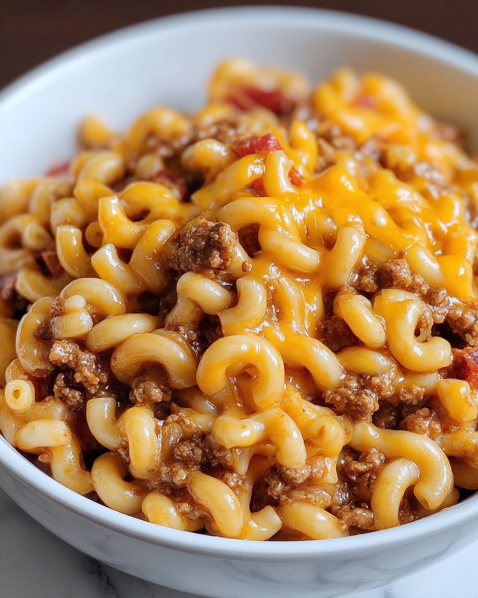 A white bowl filled with macaroni pasta mixed with ground beef and small pieces of red tomato, all topped with melted bright orange cheddar cheese that partially covers the pasta and beef. The macaroni is light yellow with a soft texture, the ground beef is crumbly and brown, while the tomato pieces add small bursts of red. The melted cheese layer on top is rich and glossy, creating a creamy contrast over the textured pasta and meat. The photo is taken close up, showing the details of the ingredients clearly. Photo taken with an iphone --ar 4:5 --v 7