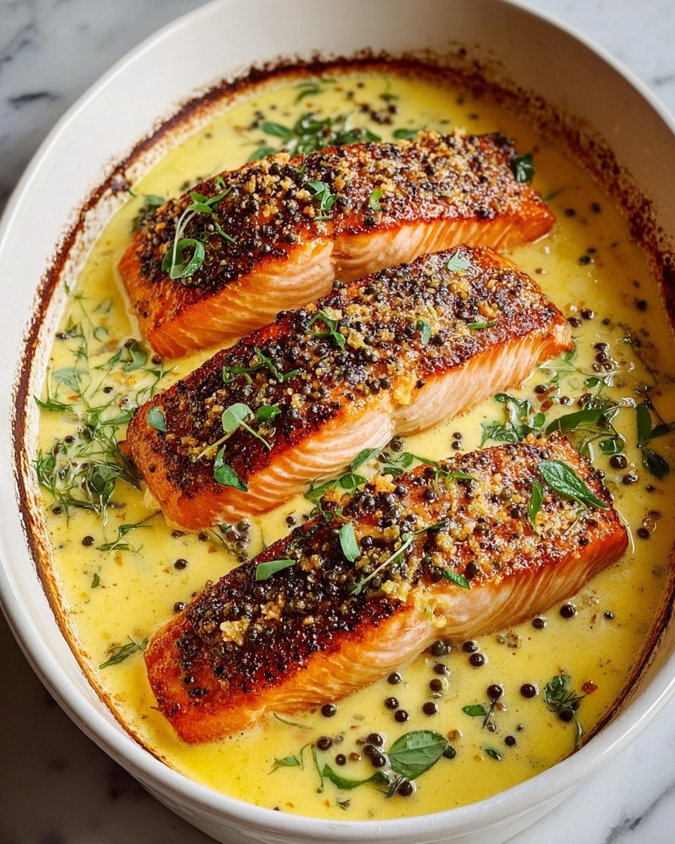 The image shows a white oval dish with three thick salmon fillets, each with a crispy, golden-brown crust on top and bright orange-pink flesh underneath. The fillets are partially submerged in a creamy, pale yellow sauce that has small dark mustard seeds scattered throughout. Fresh green herb leaves are garnished on top of the salmon and sauce, adding a touch of color contrast. The edges of the dish have a slightly browned, caramelized look from cooking. The dish is placed on a white marbled surface. photo taken with an iphone --ar 4:5 --v 7