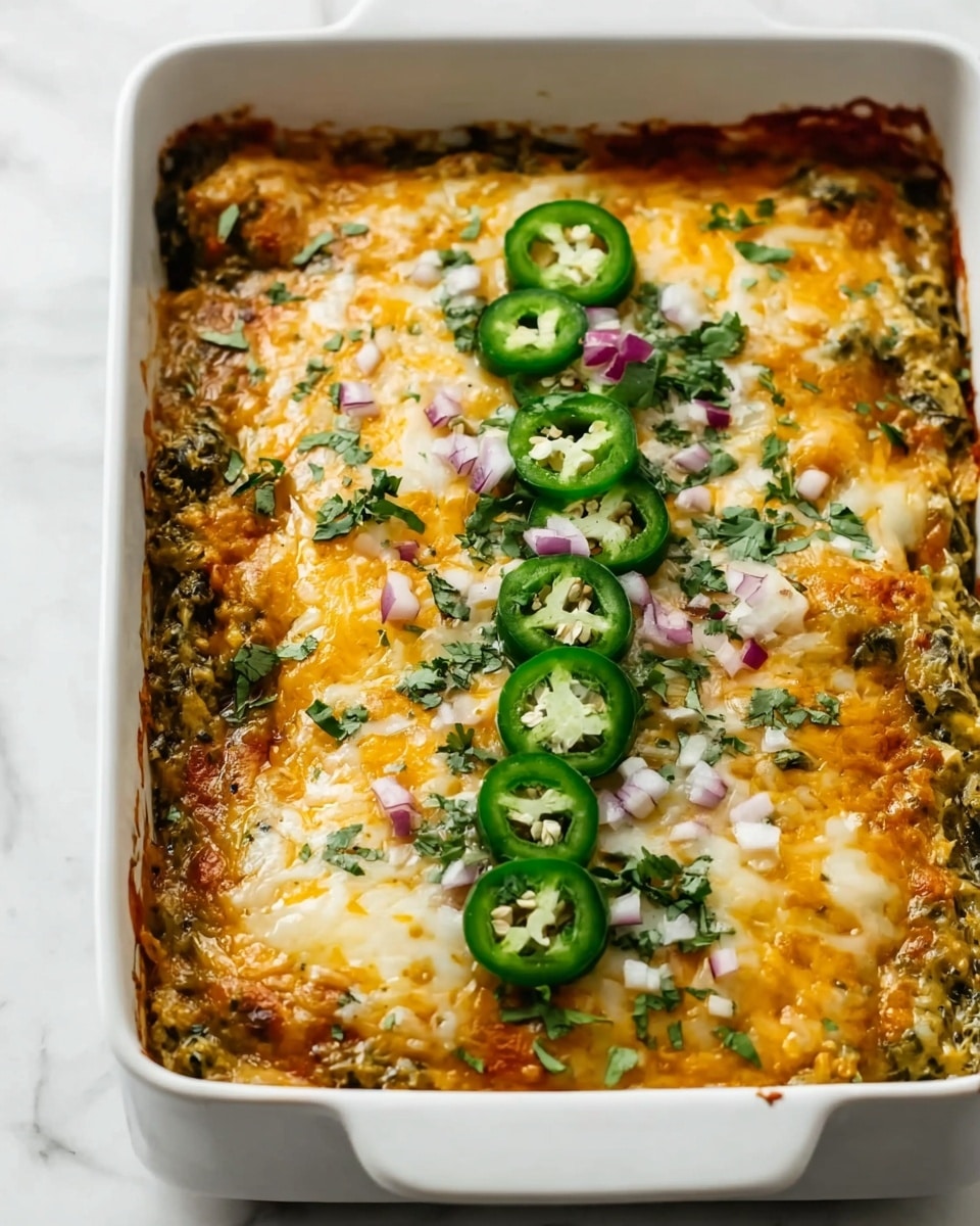 The image shows a baked dish in a white rectangular baking dish with at least three visible layers. The bottom layer is a textured, mixed filling with green and yellow tones, possibly vegetables and grains. The middle layer is covered with melted cheese, golden and white in color, creating a smooth texture with some browned edges. On top, there are thin slices of green jalapeño arranged in a vertical line in the center, scattered small pieces of purple onion, and sprinkled fresh green herbs, adding bright color contrast. The dish is placed on a white marbled surface. photo taken with an iphone --ar 4:5 --v 7