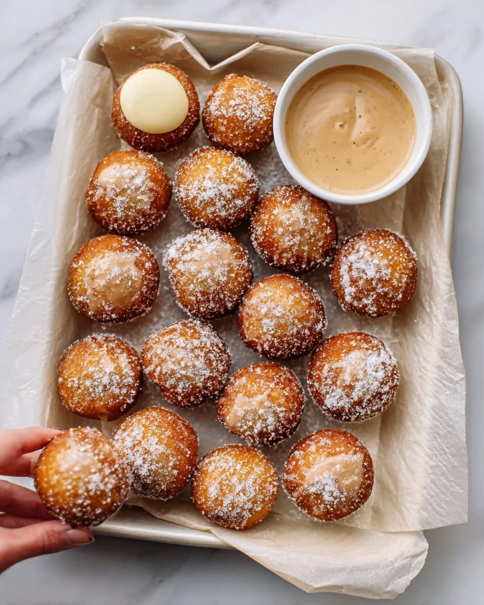 The image shows a white tray lined with parchment paper holding sixteen mini round doughnut holes, each dusted with powdered sugar, arranged in a roughly rectangular shape. The doughnut holes are golden brown with a slightly textured surface, indicating they are crispy outside. On the upper right corner of the tray is a small white bowl filled with light brown dipping sauce, creamy in texture, while next to the bowl is a small dollop of pale cream or butter. A woman's hand holds one doughnut near the edge of the tray. The background is a white marbled surface. Photo taken with an iphone --ar 4:5 --v 7