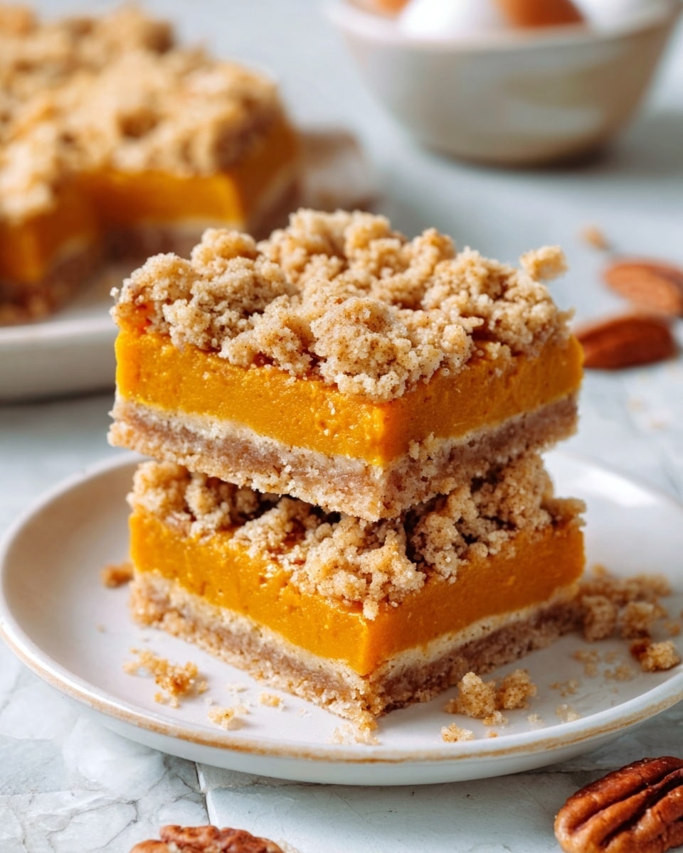The image shows two square pumpkin crumble bars stacked on a white plate with crumbly textured tops. The bottom layer is a light brown crust, firm and slightly crumbly. The middle layer is a smooth, bright orange pumpkin filling, thick and even in color. The top layer is a pale golden crumble topping with rough, small chunks scattered unevenly. The plate sits on a white marbled surface, with some pecans and crumbs around it, and a pie with a slice cut out in the blurry background. Photo taken with an iphone --ar 4:5 --v 7