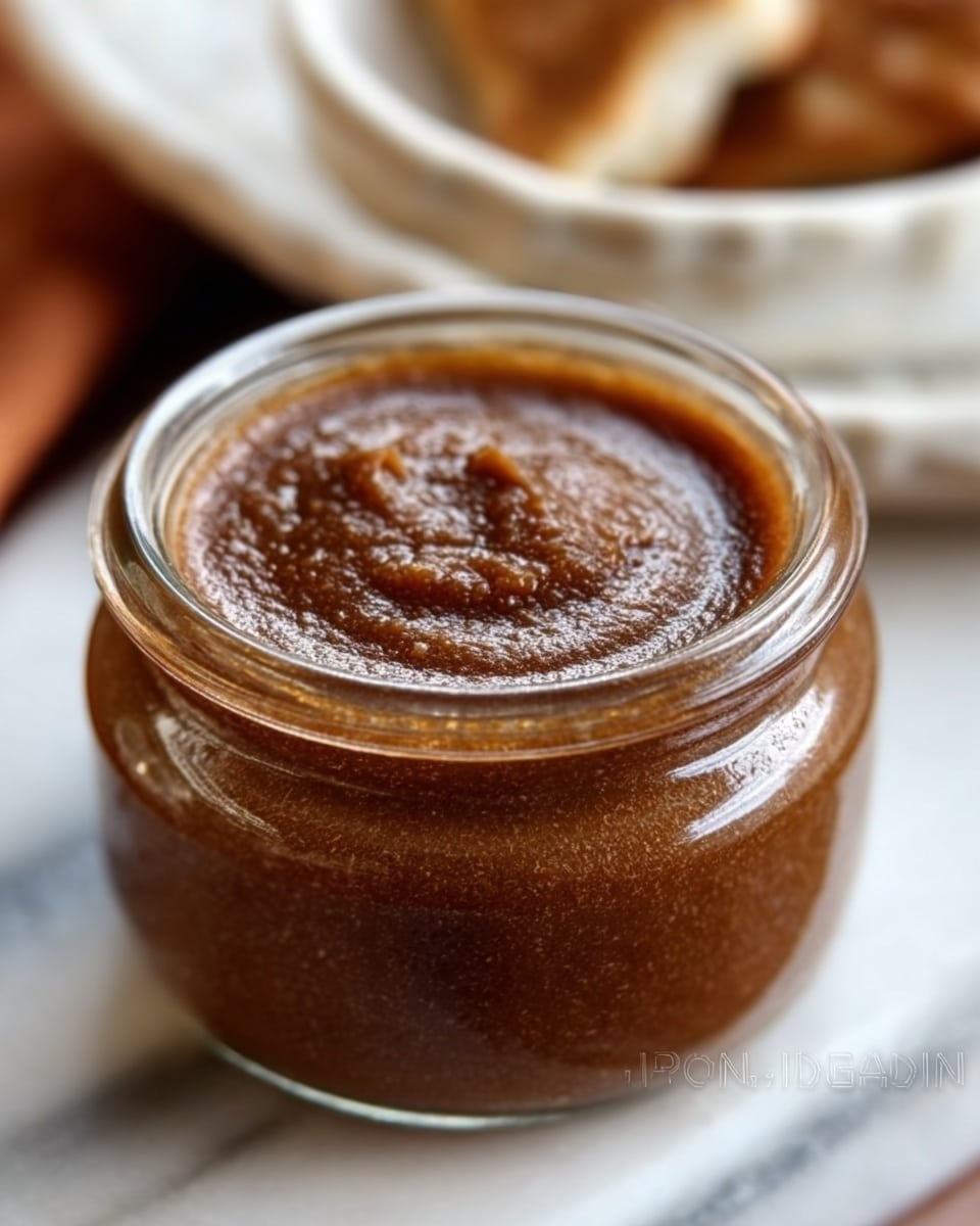 The image shows a small glass jar filled with a thick, smooth brown paste that has a slightly shiny surface with visible tiny air bubbles and a few darker spots on top. The jar sits on a white marbled surface, and in the background, there is a blurred white dish holding pieces of bread or crackers. The lighting highlights the glossy texture of the brown spread inside the jar. photo taken with an iphone --ar 4:5 --v 7