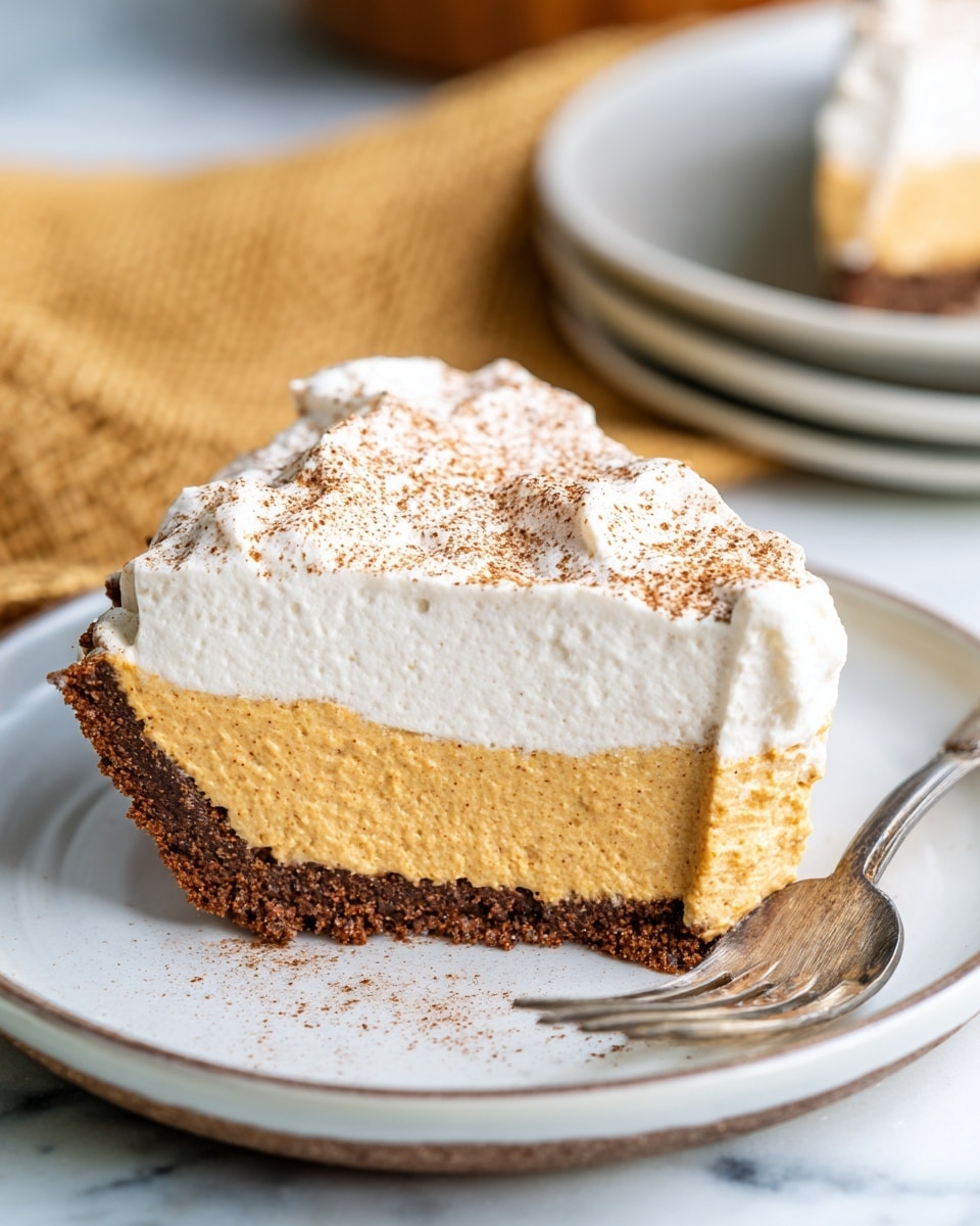 A slice of pie is shown on a white plate with a silver fork next to it. The pie has three layers: the bottom layer is a dark brown crumbly crust, the middle layer is thick and light brown, and the top layer is a fluffy white cream dusted with light brown powder. The edges of the crust are higher than the filling, holding it in place. The scene has a soft focus on a white marbled textured surface in the background. Photo taken with an iphone --ar 4:5 --v 7