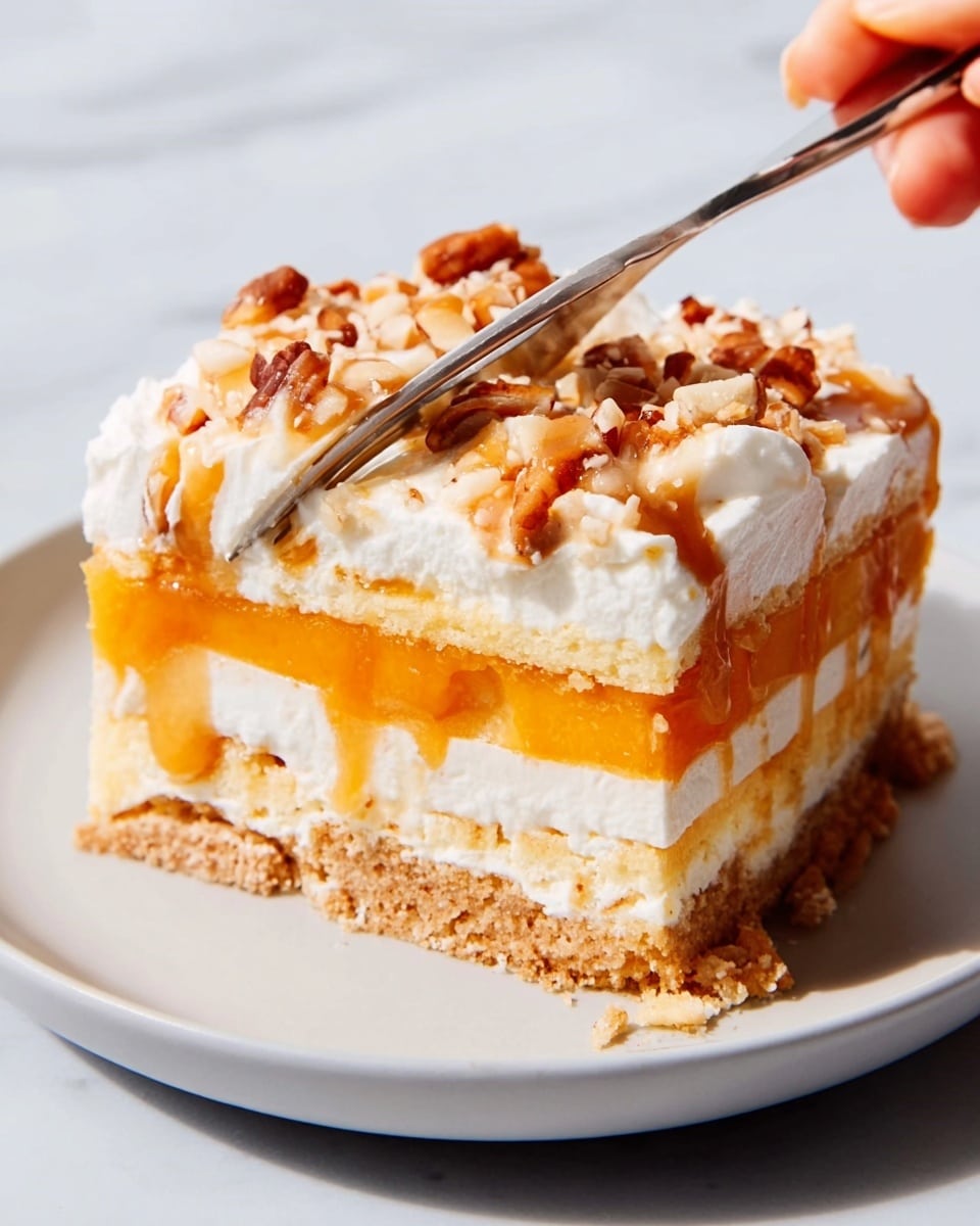 A slice of layered dessert sits on a white plate, placed on a white marbled surface. From the bottom to the top, the first layer is a light, crumbly crust with a golden-brown color. Above it is a thick, creamy white layer, followed by a smooth, bright orange layer. Above this orange layer is another white creamy layer, topped with another thin orange layer. The top layer is a generous spread of fluffy white cream, sprinkled with small pieces of chopped nuts and drizzled with a caramel sauce. A silver fork is stuck into the dessert with a woman's hand holding it from the top. photo taken with an iphone --ar 4:5 --v 7
