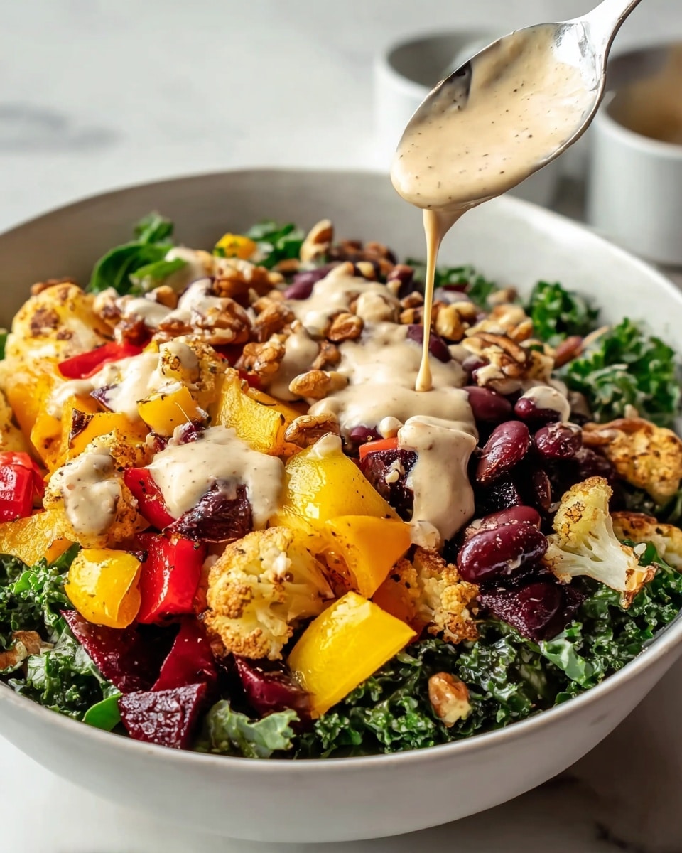 A white bowl filled with a colorful layered salad sits on a white marbled surface. The bottom layer is a base of dark green kale leaves. On top of that, there are pieces of roasted yellow and red bell peppers and deep purple kidney beans, scattered evenly. Small chunks of golden brown roasted cauliflower and walnuts add texture across the dish. A creamy light beige sauce is being drizzled over the top by a silver spoon coming in from the right side of the image. The colors are bright and fresh, and the bowl looks full and inviting. Photo taken with an iphone --ar 4:5 --v 7