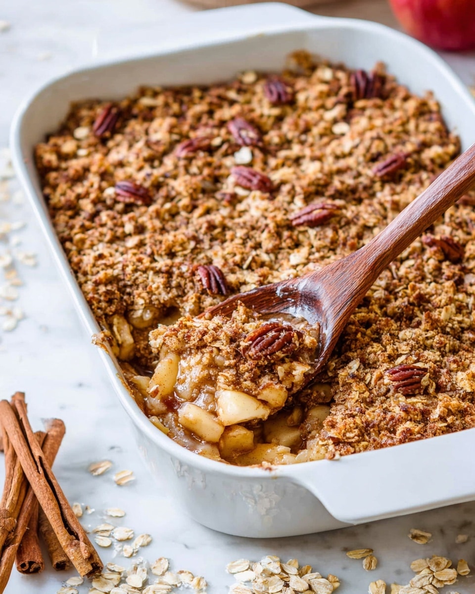 A close-up view of a white baking dish filled with a two-layer apple crumble. The top layer is thick and golden brown with a rough texture, made of oats and chopped pecans that are toasted and crunchy. The bottom layer is a soft, cooked apple filling, with pieces of tender apples showing through a corner where a wooden spoon rests, partially scooping the filling. The dish is placed on a white cloth over a white marbled surface, with cinnamon sticks and scattered oats near the dish. The lighting highlights the warm, homemade texture of the crumble. photo taken with an iphone --ar 4:5 --v 7
