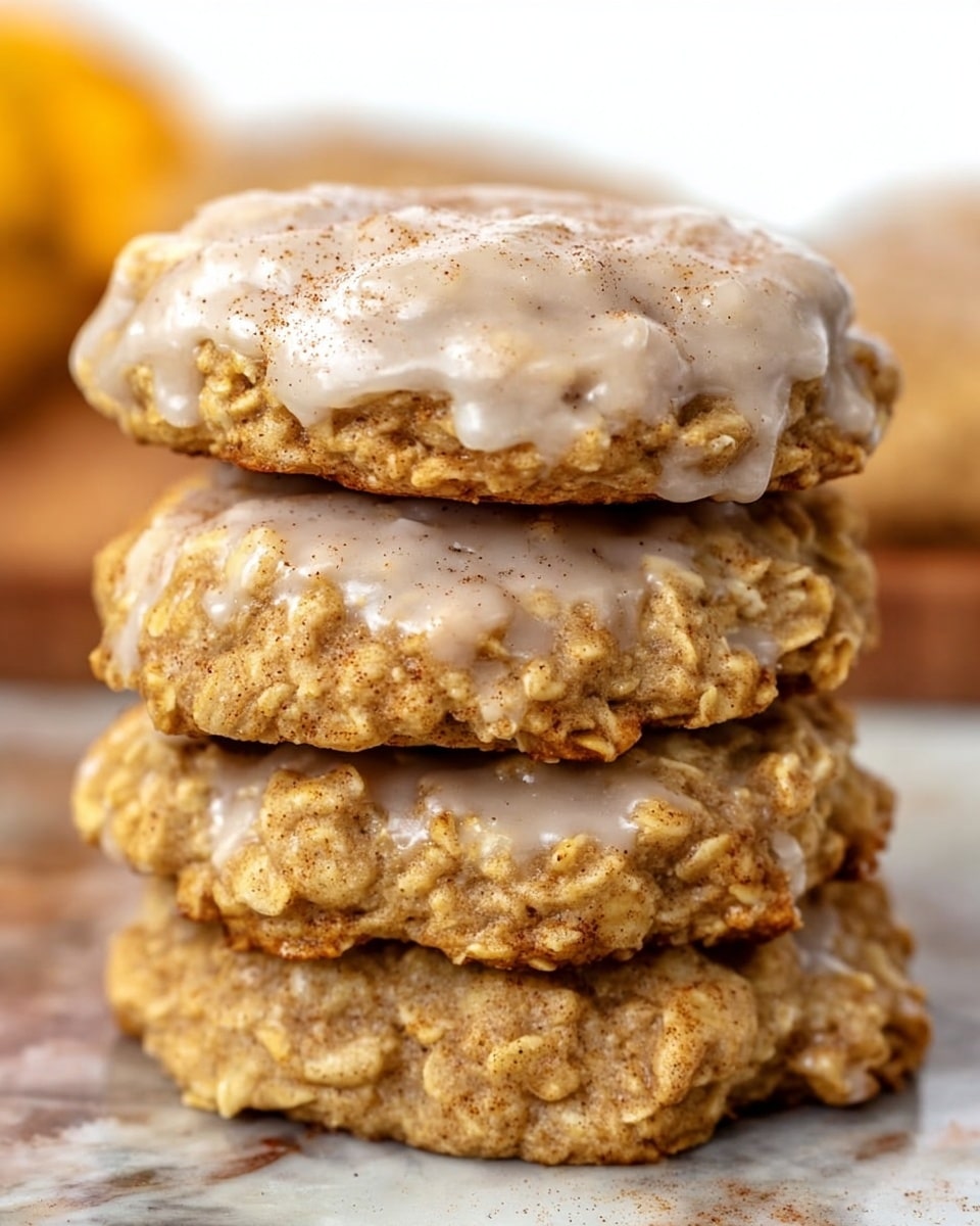 The image shows a stack of four thick, soft cookies with a rough, crumbly texture. Each cookie has a golden-brown color with visible small bits throughout, likely oats or nuts. The top cookie is lightly coated with a smooth, light beige glaze that has a slightly glossy finish and is sprinkled with a fine dusting of cinnamon or similar powder. The cookies are stacked unevenly, with some glaze dripping down the sides, set against a white marbled textured background. photo taken with an iphone --ar 4:5 --v 7