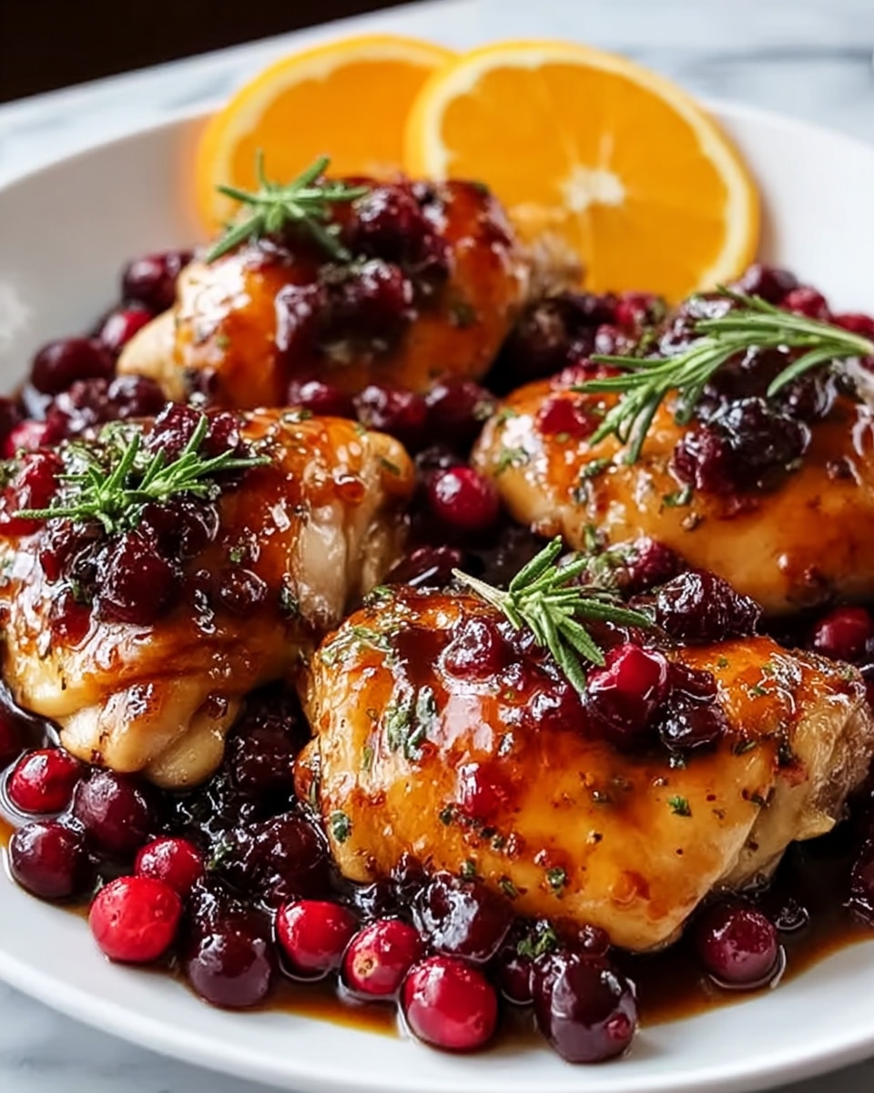 The image shows a white plate with four golden-brown glazed chicken thighs on top, each coated with a shiny, sticky sauce. Scattered around and on the chicken are bright red and dark purple cranberries, alongside tiny green rosemary sprigs that add a fresh touch. There are two small orange wedges placed near the chicken pieces, adding a vibrant burst of color. The sauce pools slightly around the chicken, appearing thick and rich. The plate rests on a white marbled surface in soft natural light, highlighting the shine on the glaze and the vivid colors of the fruit and herbs. Photo taken with an iphone --ar 4:5 --v 7