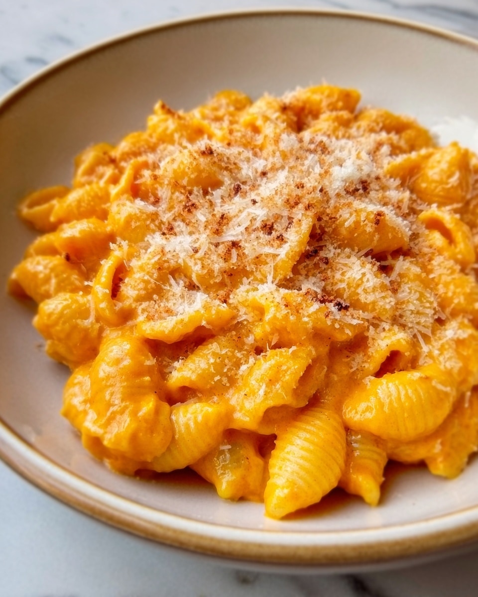A close-up image of a dish featuring small pasta pieces covered in a thick, creamy orange sauce, topped with a light sprinkle of finely grated white cheese that adds texture and contrast. The pasta is piled in a shallow white plate, with the sauce smooth and slightly glossy, and some small pepper specks scattered evenly on top. The edges of the plate are clean, and the dish is centered on a white marbled surface. photo taken with an iphone --ar 4:5 --v 7