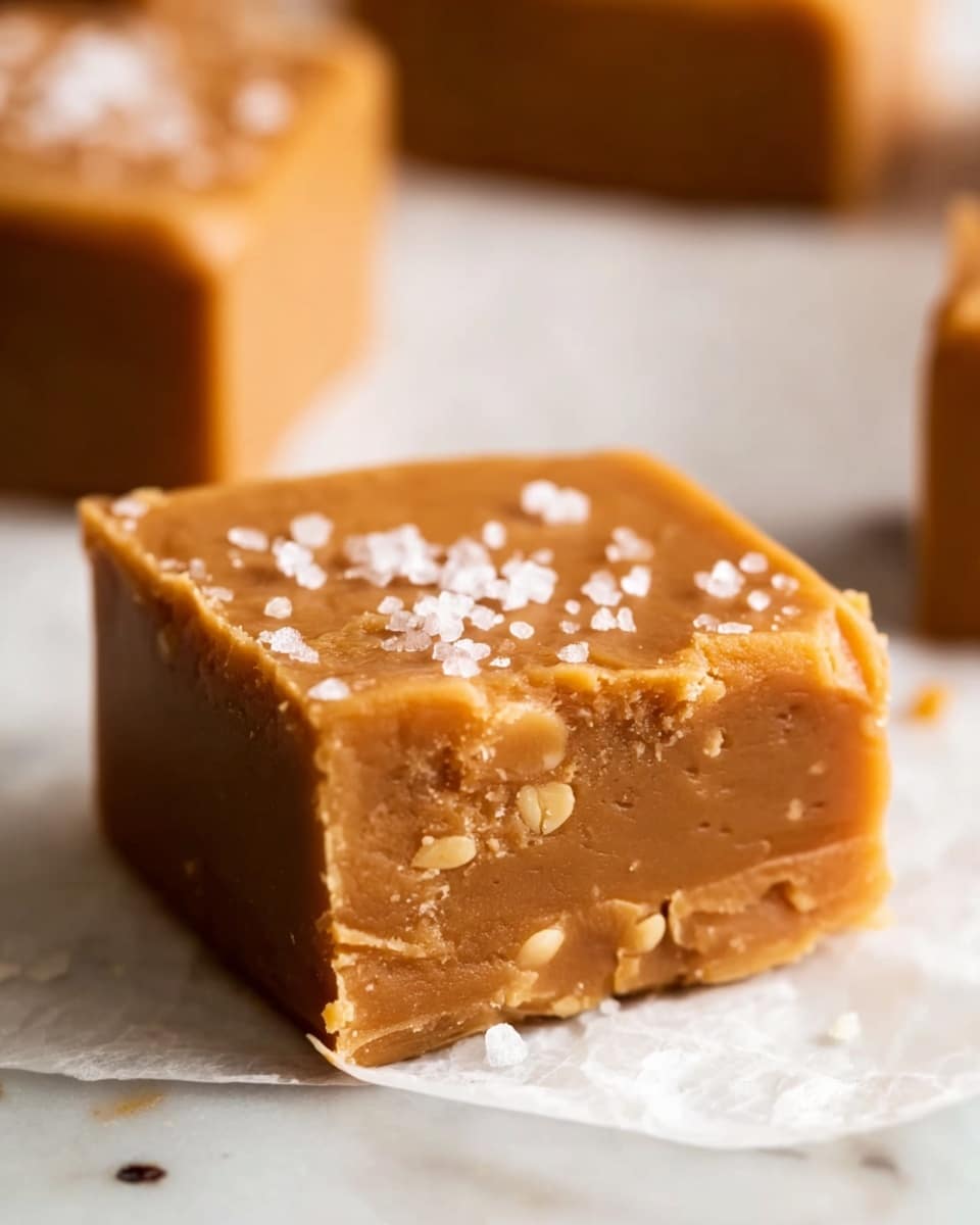 A close-up of a single thick square piece of light brown fudge with a smooth and slightly shiny texture, showing tiny nugget-like pieces inside the fudge. The top layer is sprinkled with a few coarse white salt crystals. The fudge sits on a piece of white parchment paper on a white marbled surface with soft focus pieces of more fudge blurred in the background. Photo taken with an iphone --ar 4:5 --v 7