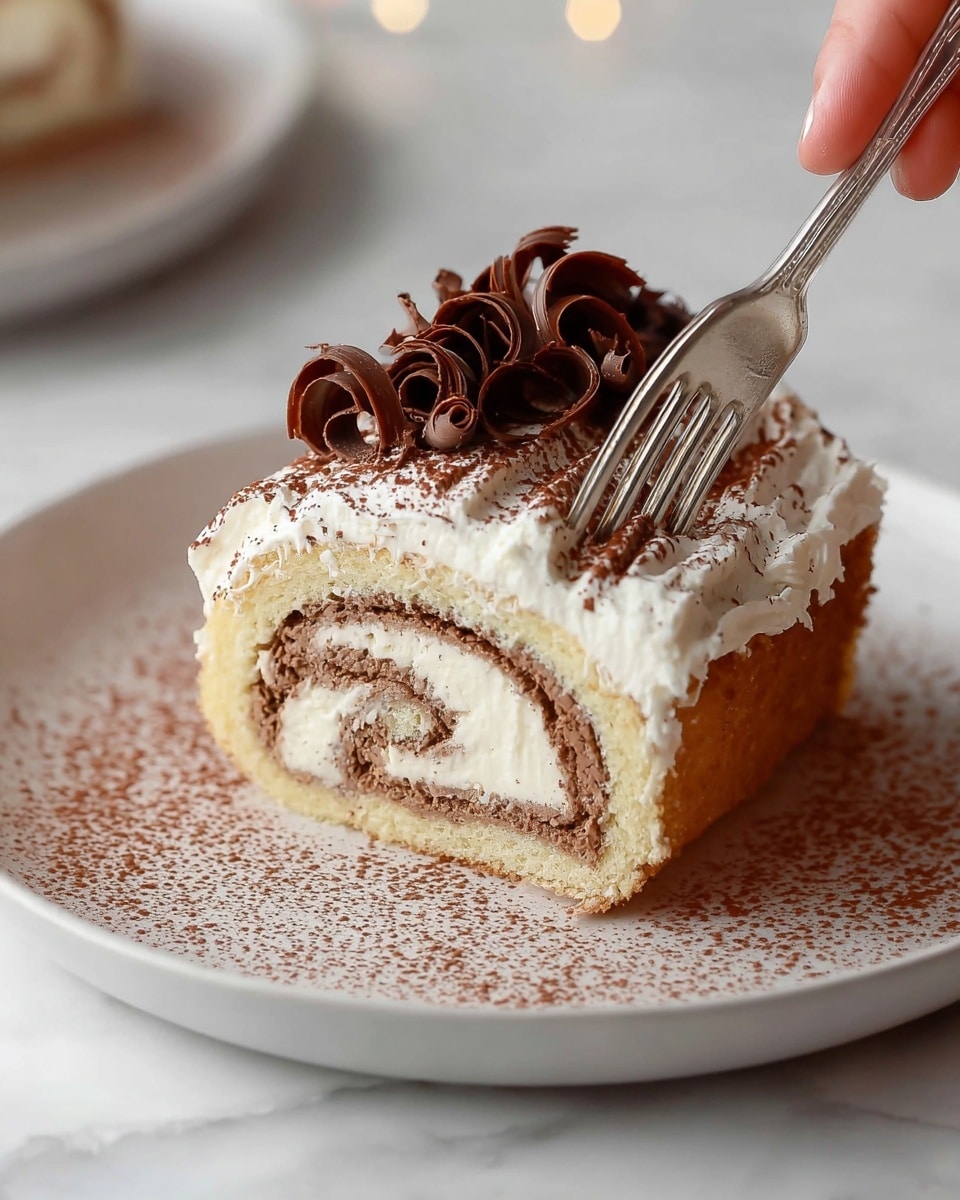 A slice of rolled cake with three visible layers sits on a white plate over a white marbled surface. The bottom layer is a light brown, soft-looking sponge cake base. On top of that is a thick white cream layer that spirals inside the roll, mixed with a light dusting of cocoa powder giving a soft brown tint to part of the cream. The top layer is a smooth white cream dusted with cocoa powder, and it holds a decorative swirl of dark chocolate curls at the center. A fork with a shiny silver prong gently pulls into the creamy layer near the top side of the slice. A small amount of cocoa powder is sprinkled around the plate with one extra chocolate curl on the side. Photo taken with an iphone --ar 4:5 --v 7