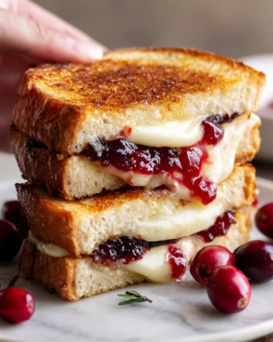 A close-up image of a grilled cheese sandwich cut in half, stacked to show three layers: two golden-brown toasted bread slices with a slightly crispy texture, filled with thick white melted cheese that is gooey and stretching, and bright red cranberry sauce with whole cranberries, oozing out slightly between the cheese layers. The sandwich is placed on a white plate with extra cranberries scattered around it on a white marbled surface. A woman's hand is about to pick up the sandwich from the right side. photo taken with an iphone --ar 4:5 --v 7