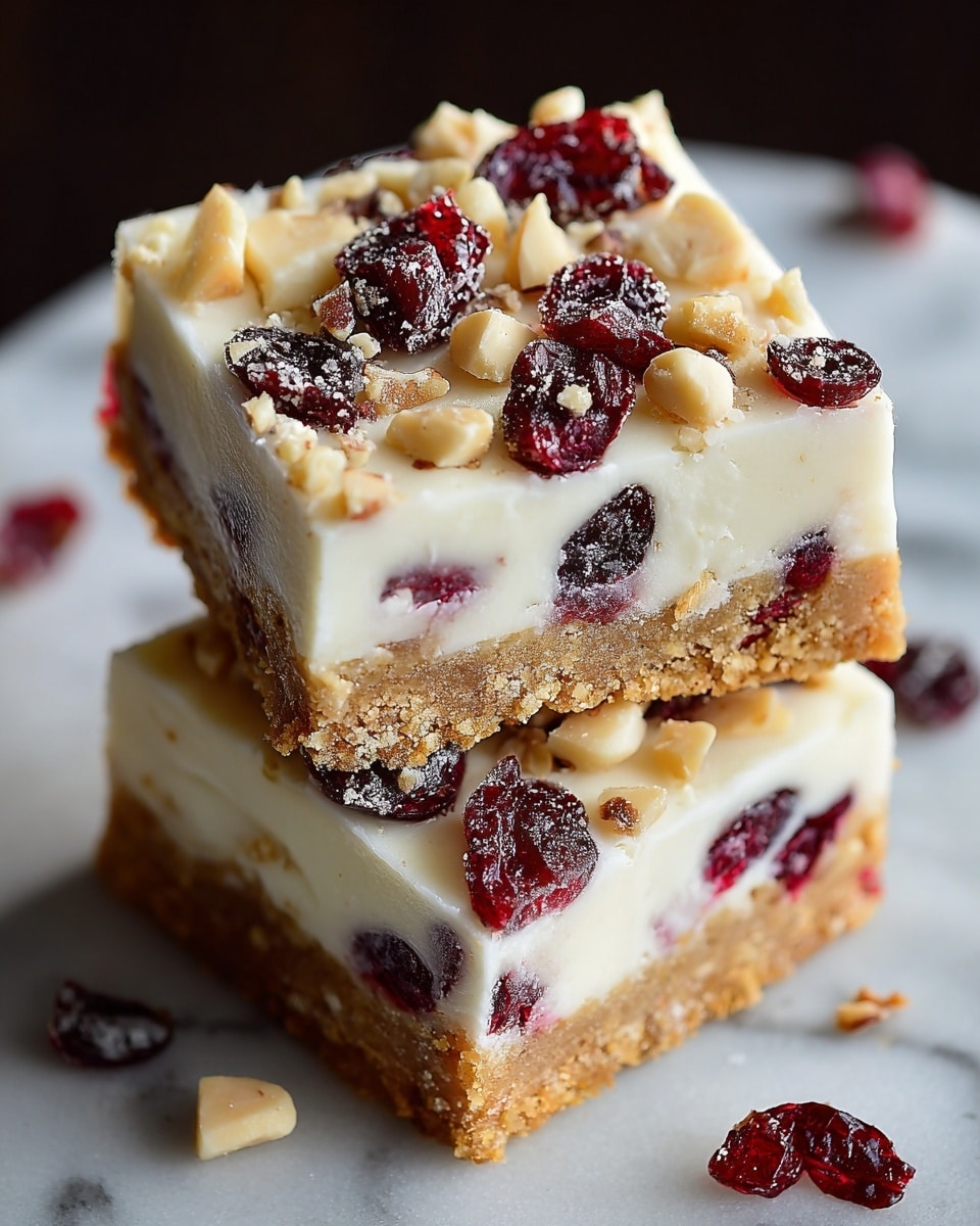 Two square pieces of dessert are stacked on each other on a white marbled surface. Each piece has two layers: the bottom layer is golden brown and crumbly, while the top layer is creamy white with a smooth texture. The top layer is decorated with dark red dried cranberries and light beige chopped nuts scattered evenly. The top piece slightly overlaps the bottom one, showing the thickness of both layers clearly. Photo taken with an iphone --ar 4:5 --v 7