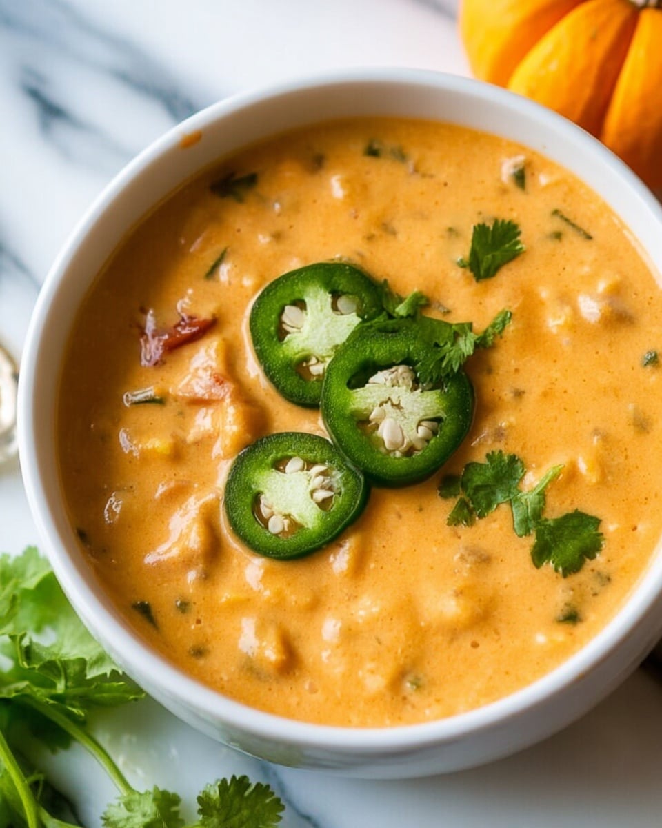 A white bowl filled with a creamy, orange-colored soup that has visible small chunks of ingredients mixed throughout. On top, three bright green jalapeño slices are placed, along with a sprig of fresh green cilantro, adding a pop of color against the smooth soup surface. The bowl sits on a white marbled surface with an orange pumpkin visible in the back right area, contributing a seasonal touch. Photo taken with an iphone --ar 4:5 --v 7