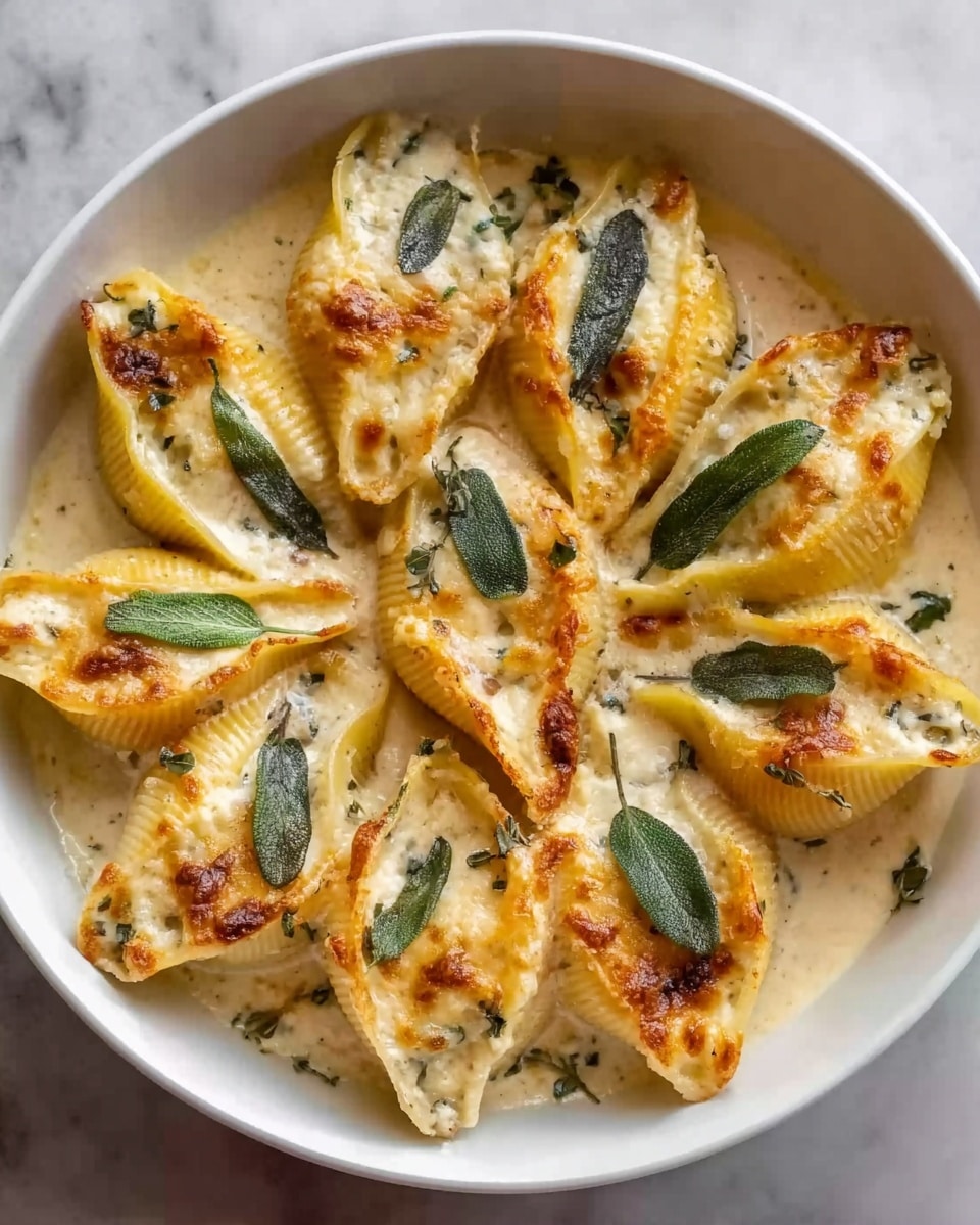 A white shallow bowl filled with nine stuffed pasta shells arranged in a circle, each shell golden yellow with a slightly crispy texture on top, showing hints of browned cheese. Inside the shells, creamy white filling is visible at the edges. The shells are covered in a smooth, light cream sauce with a slightly shiny texture. Dark green fresh sage leaves are placed both under and on top of the shells, adding contrast. The bowl sits on a white marbled surface. Photo taken with an iphone --ar 4:5 --v 7