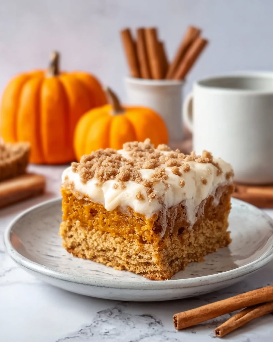 A square slice of pumpkin cake with three visible layers sits on a white plate; the bottom layer is a soft brown cake, the middle layer is a thick orange pumpkin filling, and the top layer is a creamy white frosting with small brown crumb toppings scattered over it. Behind the plate, there are two small pumpkins, a white mug, and cinnamon sticks on a white marbled surface. Photo taken with an iphone --ar 4:5 --v 7