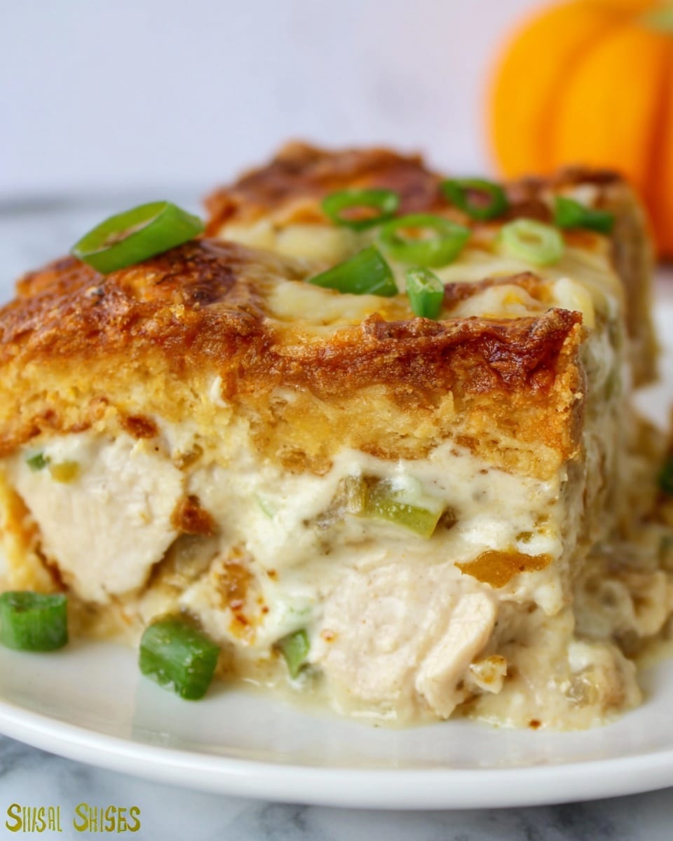 A close-up view of a thick slice of casserole on a white plate with a white marbled texture underneath. The casserole has three visible layers: a crispy golden-brown top crust with a slightly rough texture, a creamy middle layer filled with melted cheese and bits of light green vegetables, and a bottom layer featuring chunks of white cooked chicken mixed with more creamy sauce and vegetables. The top is garnished with small pieces of fresh chopped green onion. The overall look is rich, creamy, and warm, with a mix of soft and crispy textures. photo taken with an iphone --ar 4:5 --v 7