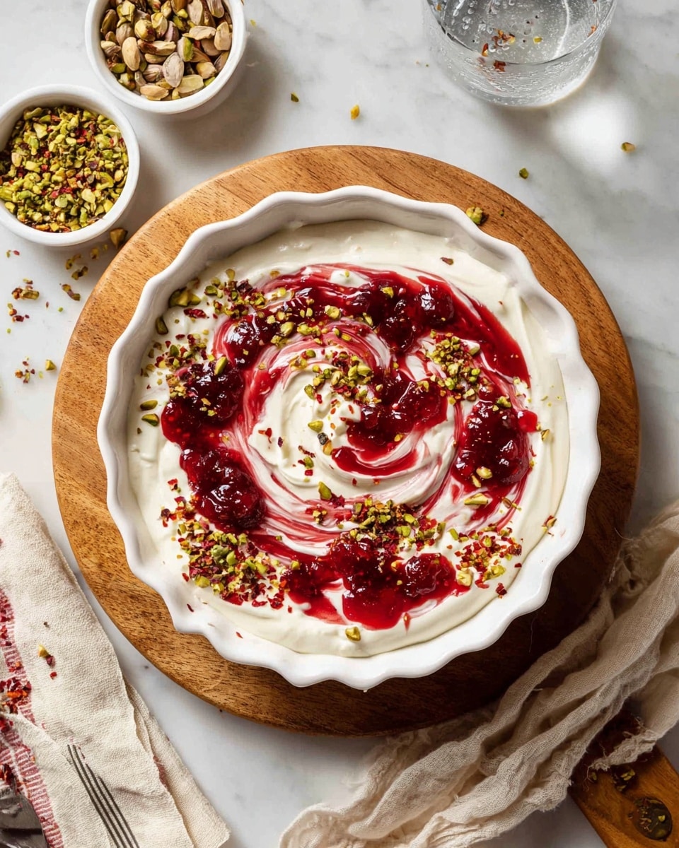 A white scalloped bowl holds a creamy white yogurt base spread evenly over the bottom, topped with swirled bright red jam creating a marbled effect, sprinkled with coarsely chopped green pistachios and red chili flakes scattered irregularly over the top. The bowl sits on a wooden board with pale cream cloth partially tucked underneath, with small white bowls of crushed pistachios and more chili flakes nearby, along with a glass of water, all set on a white marbled surface. photo taken with an iphone --ar 4:5 --v 7