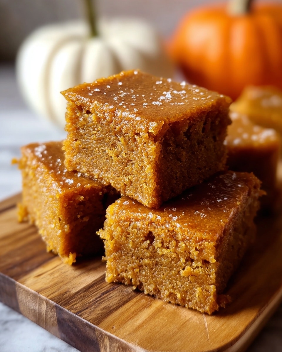 Three square pieces of moist, golden-brown cake with a slightly crumbly texture are stacked on a wooden board. The top layer shows a smooth, shiny surface with a few cracks, while the inside layers appear soft and dense with a rich, warm color. The background includes two small pumpkins, one white and one orange, sitting on a white marbled texture. photo taken with an iphone --ar 4:5 --v 7