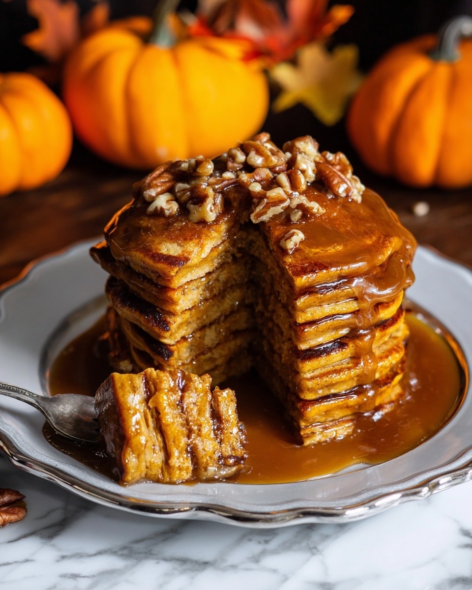 A stack of seven thick, golden-brown pancakes sits on a shiny white plate with a scalloped edge. The pancakes have a soft, fluffy texture with some light browning on the sides. A generous layer of glossy caramel sauce with chopped nuts covers the top of the stack, dripping slightly down the sides. Four pancakes are cut and held together on a fork, showing their spongy, light interior coated in caramel. The background has small orange pumpkins and autumn leaves, all set against a white marbled texture. photo taken with an iphone --ar 4:5 --v 7