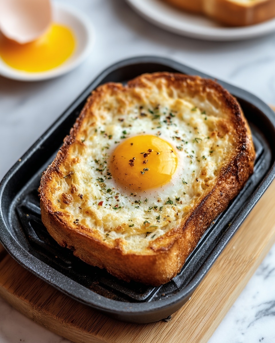 A single slice of toasted bread with a golden-brown crust serves as the base layer, topped by a layer of melted cheese that is bubbly and slightly browned at the edges. In the center of the toast, there is a fried egg with a bright yellow yolk and firm white edges, sprinkled with small black pepper flakes and green herb bits. The toast rests inside a black metal pan grill, which is positioned on a light wooden board, all placed on a white marbled surface. A blurred slice of similar toast and a white plate with a cracked egg yolk are visible in the background. Photo taken with an iphone --ar 4:5 --v 7